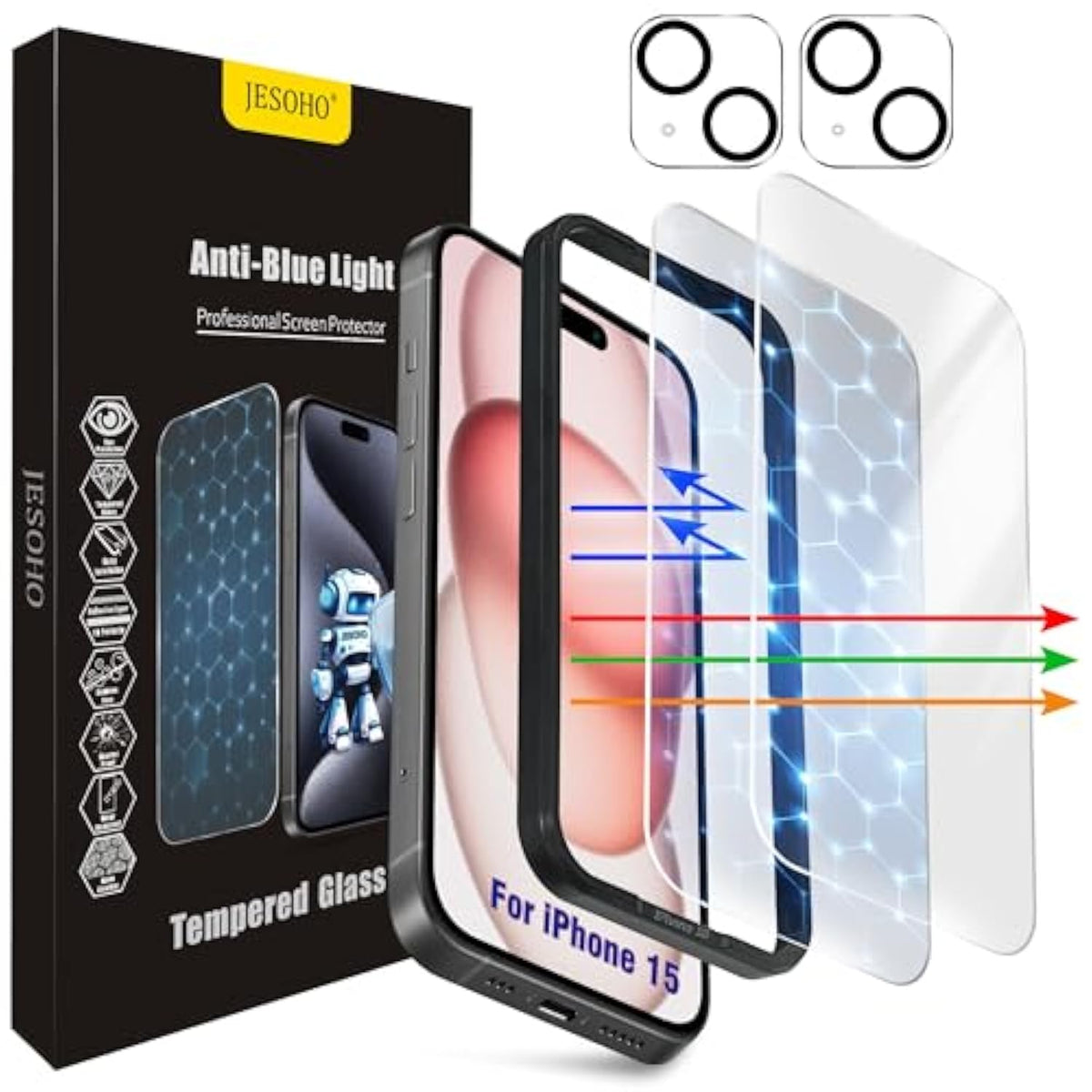 Screen Protector For Iphone 15 [6.1 Inch],2 Pcs Colorless Anti-Blue Light Tempered Glass Films,Hd Clear, 9H Hardness, No Bubbles, Case Friendly With 2 Pcs Camera Lens Protector