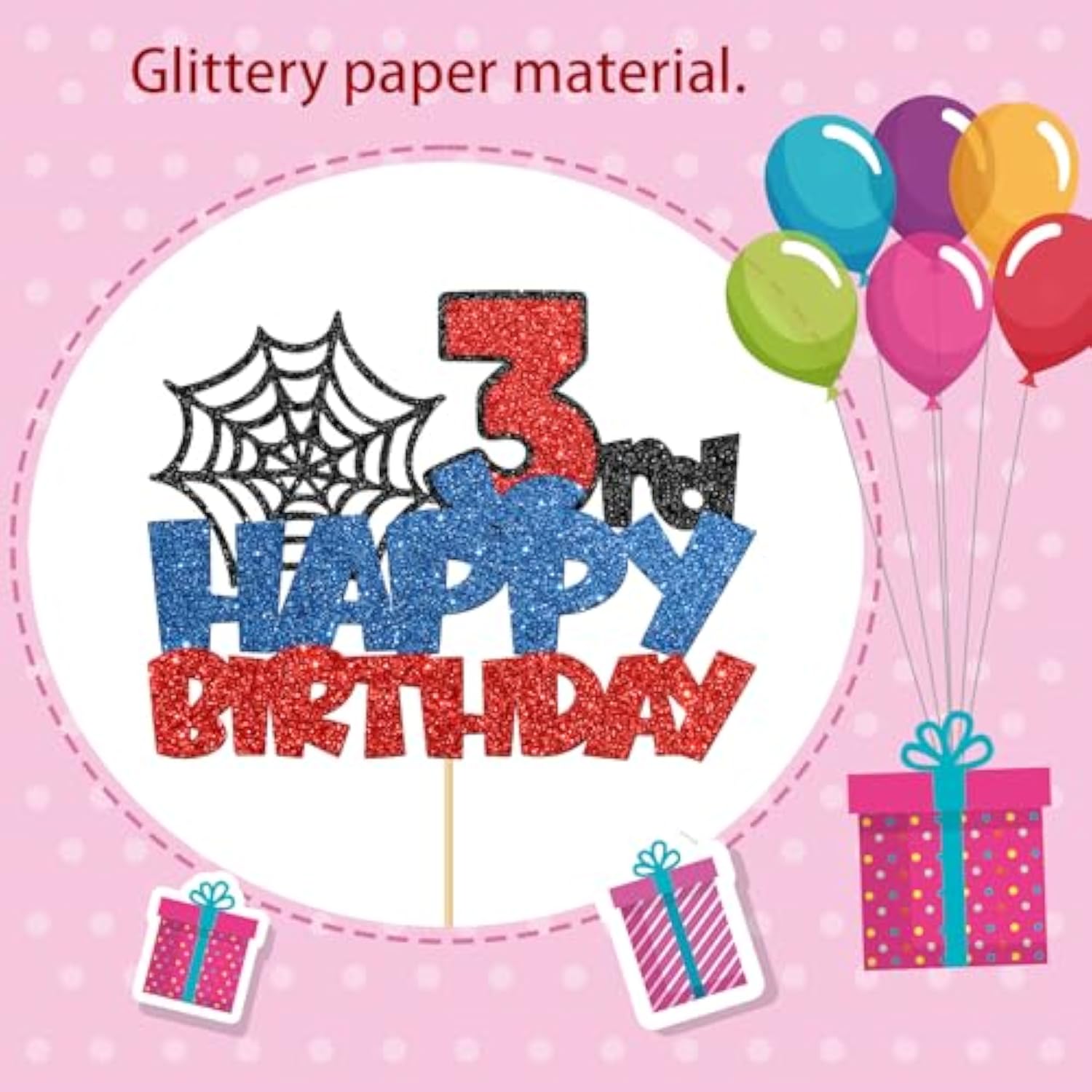 Happy 3Nd Birthday Cake Topper Spider Web Cartoon Boy Three Years Party Decor