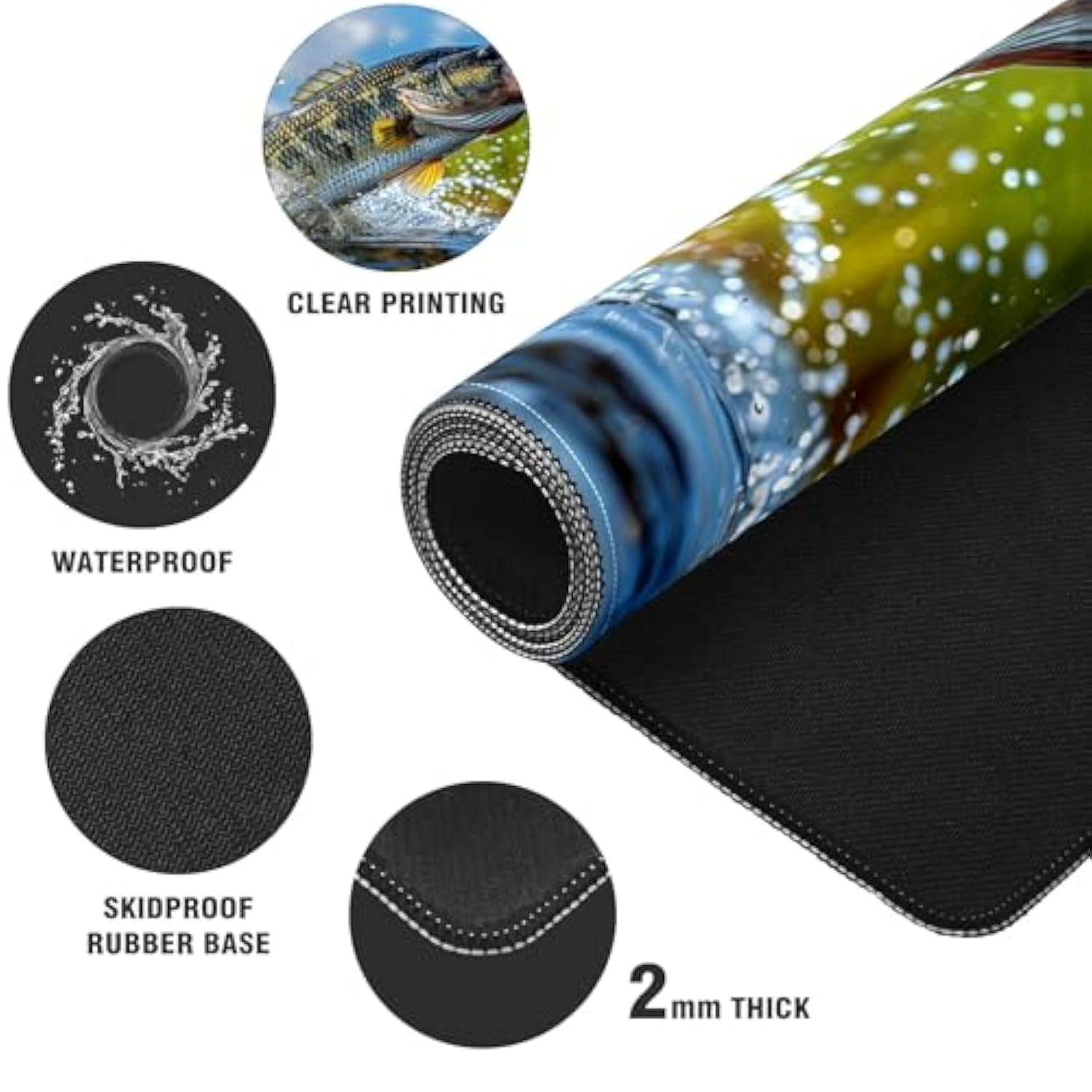 Gaming Mouse Pad Bass Fish Extra Large Desk Mat Non-Slip Soft Rubber Mousepad For Desktop Office Stitched Edges Waterproof Keyboard Mat For Computer Laptop 35.4''X15.7''