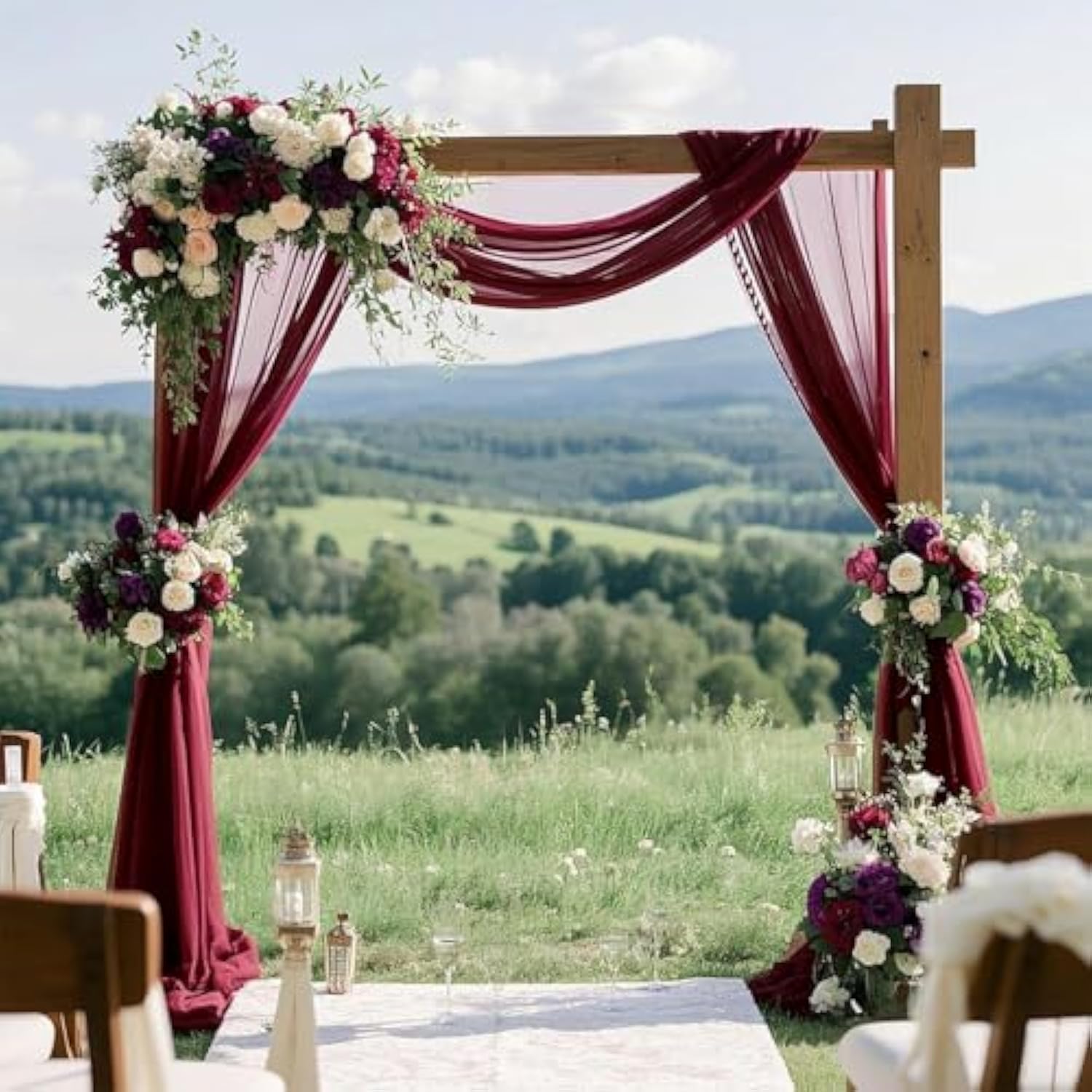 Wedding Arch Draping Fabric Burgundy 29" X 20Ft Chiffon Tulle Sheer Drapes For Wedding Ceremony Arbor Party Ceiling Swag Backdrop Decoration | Burgundy Sheer Fabric 2 Panels