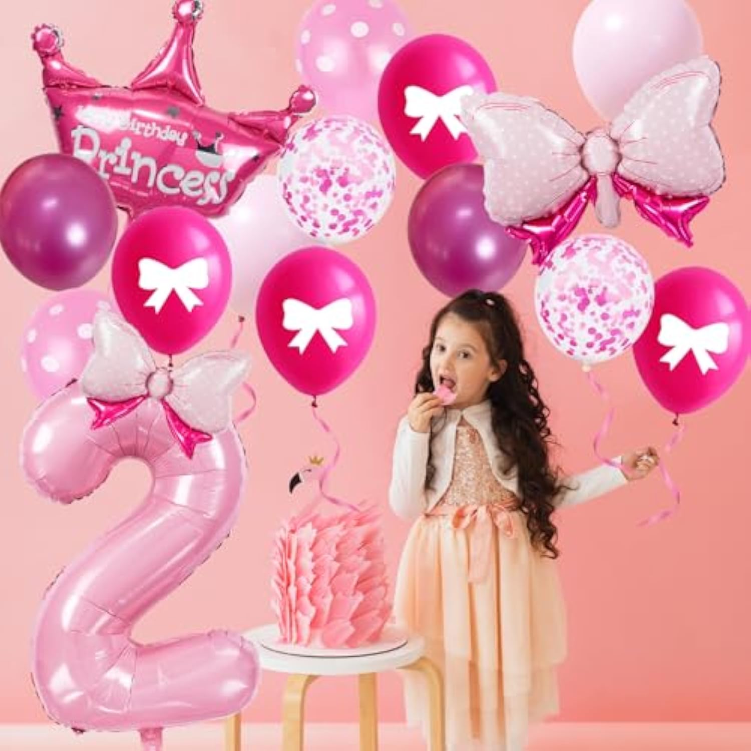32" Number 2 Balloon Set with Bows & Crown Pink Princess Birthday Decor for Girls