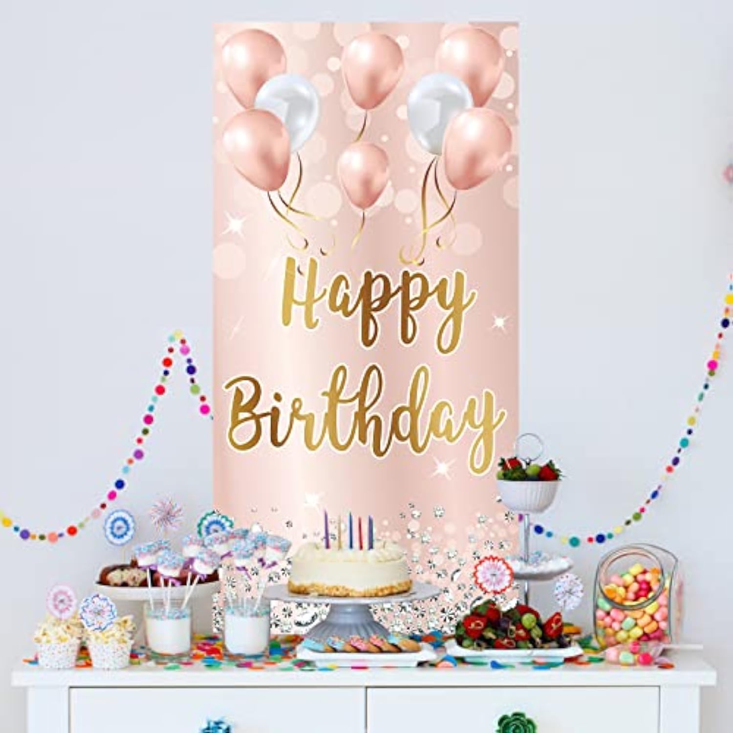 Pink Rose Gold Happy Birthday Door Banner Backdrop Decorations For Women Girls, Happy Birthday Party Door Cover Sign Background Supplies For 16Th, 21St, 30Th, 40Th, 50Th, 60Th Birthday