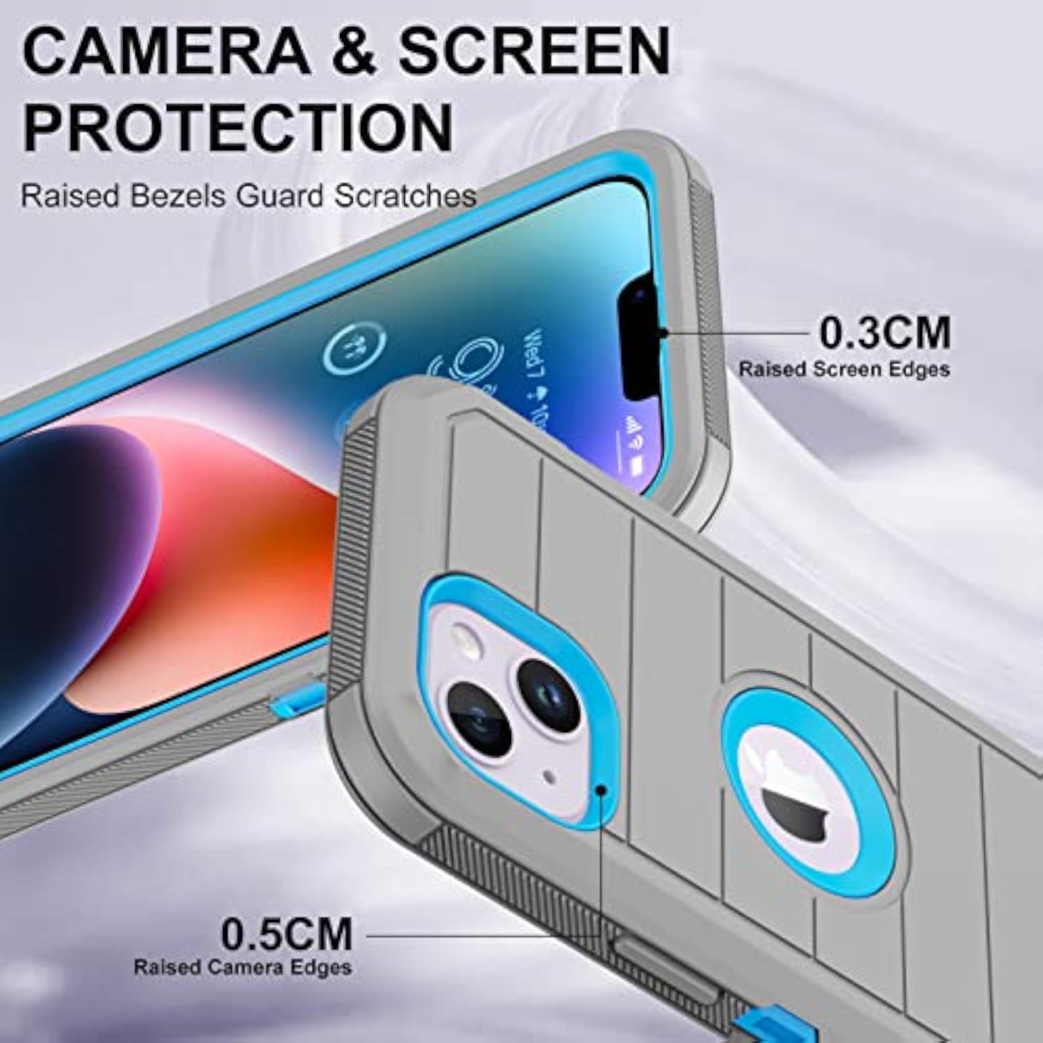 Heavy Duty iPhone 14 Case with 2 Screen Protectors, 3-Layer Rugged Durable Military Grade Cover for Apple iPhone 14 6.1 Inch, Gray and Blue Color Combination