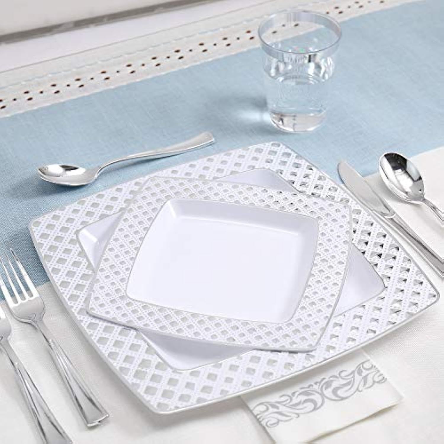 175PCS Silver Square Dinnerware Set – Plates, Cups, Napkins, Cutlery for 25