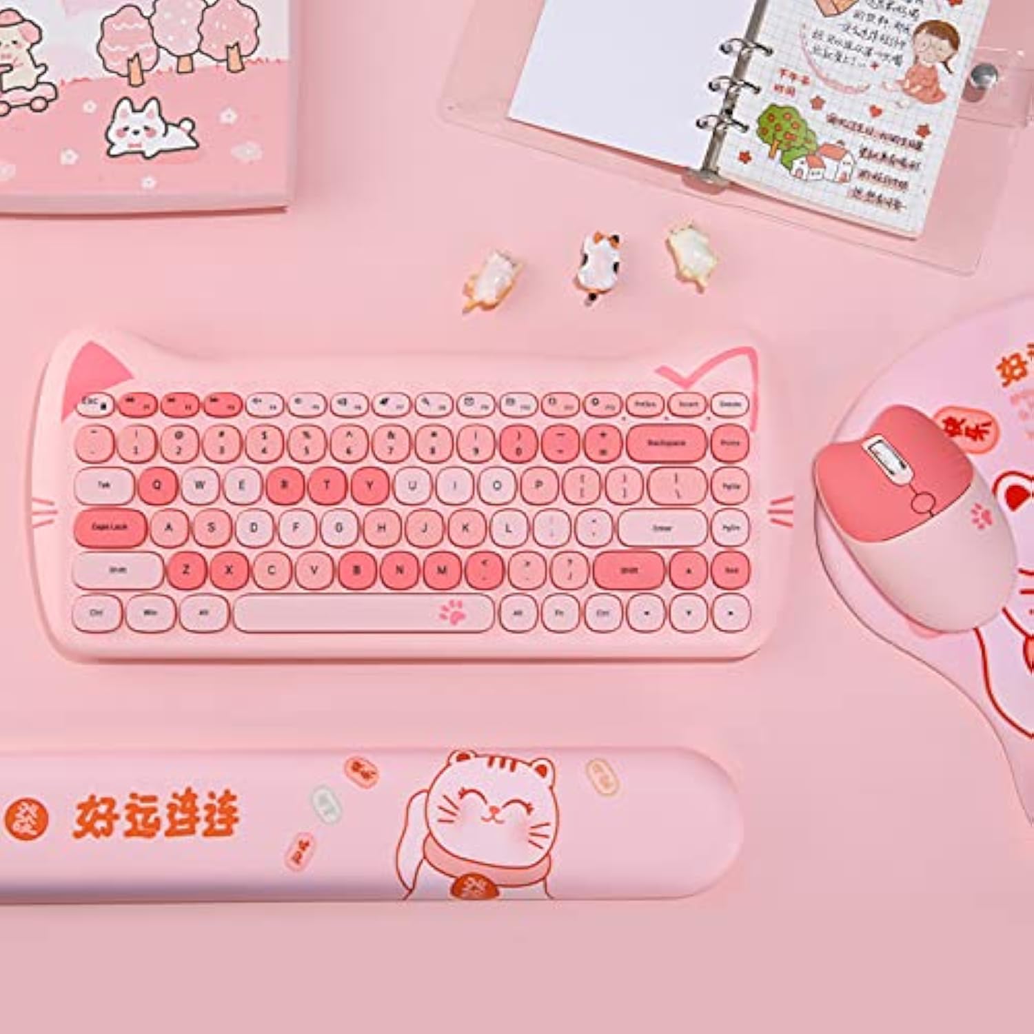 Cute Cat 2.4G Usb Wireless Keyboard And Mouse Combo, Silent Keys, Candy Colors, Compatible With Notebook, Pc (Pink84Keys)
