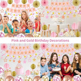Birthday Decorations Pink Happy Birthday Banner Confetti Balloons Honeycomb Ball Circle Dots Garland Hanging Swirls Rose Gold Birthday Party Decor For Girls Women Princess