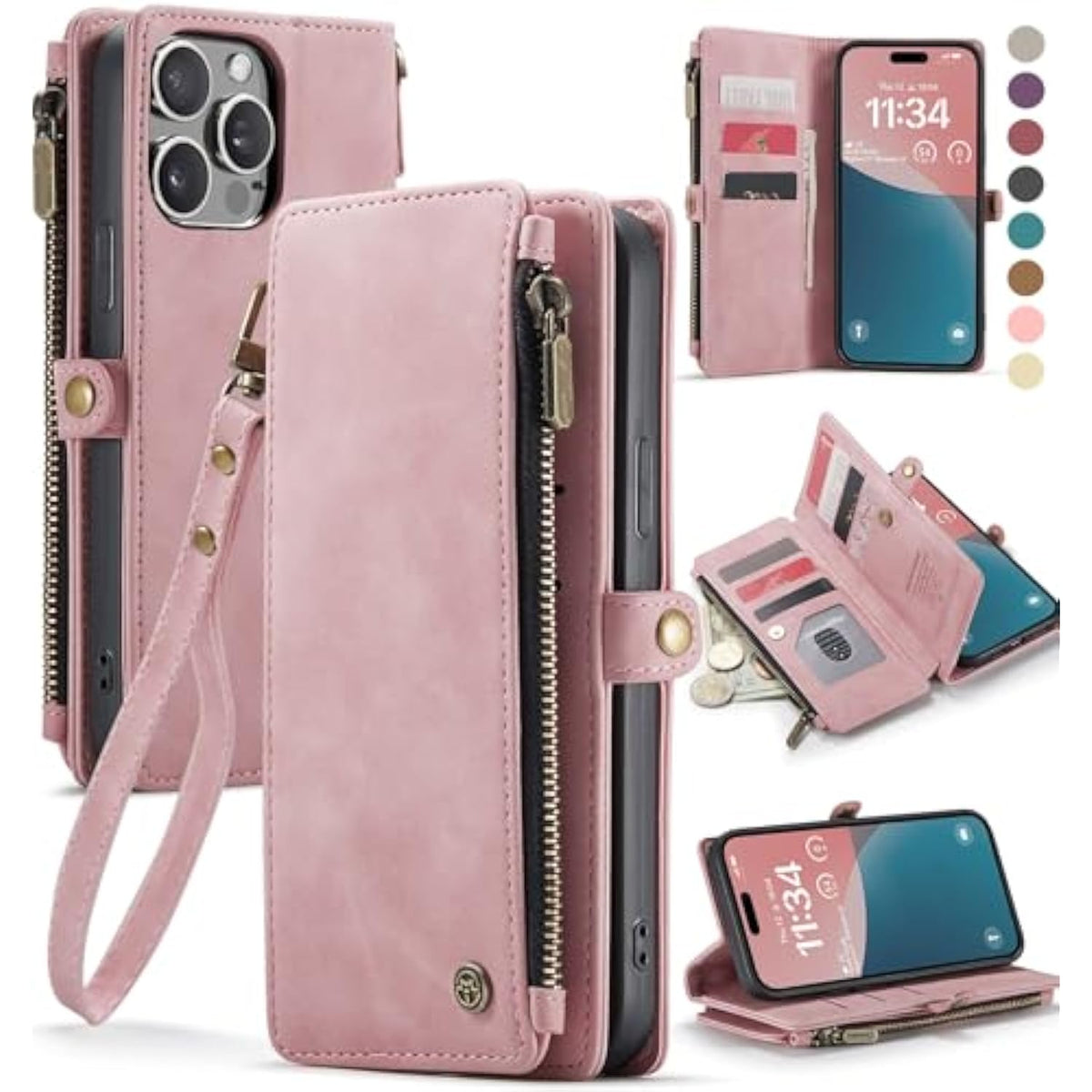 Compatible With Iphone 13 Pro Max Case Wallet With Rfid Blocking Card Holder For Women Men, Pu Leather Magnetic Snap Flip Zipper Strap Wallet Phone Case Fit For Iphone 13 Pro Max, Rose Pink