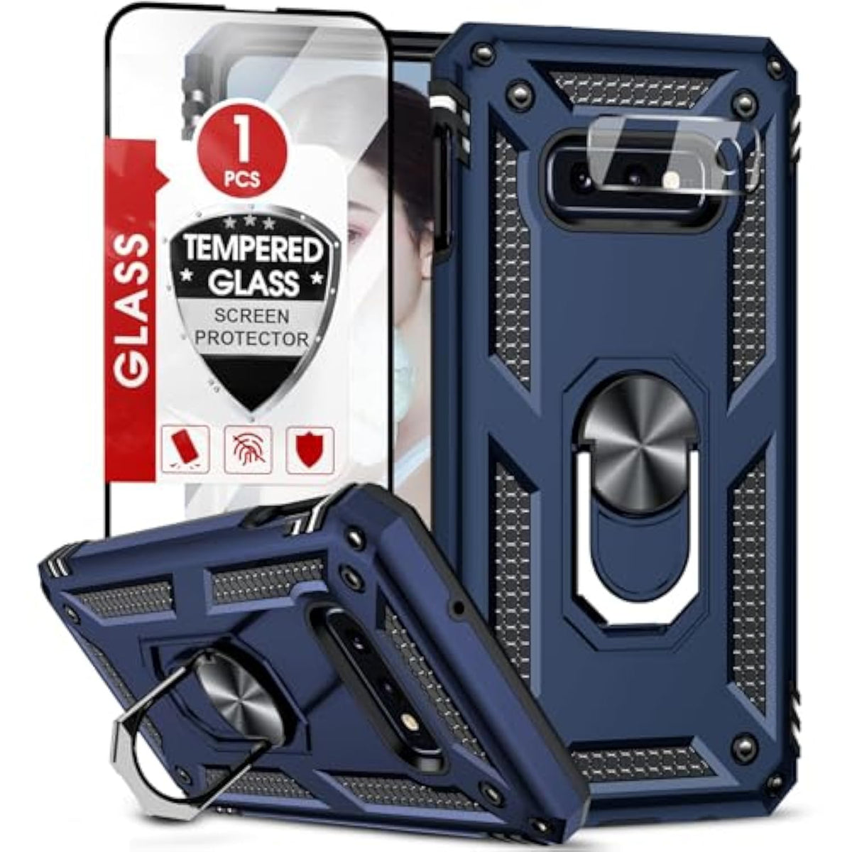 For Samsung S10E-Phone Case: Galaxy S10E Phone Case With Screen Protector And Camera Lens Protector, Heavy Duty Shockproof Cell Case Cover With Metal Magnetic Ring Holder Stand For S 10E, Blue