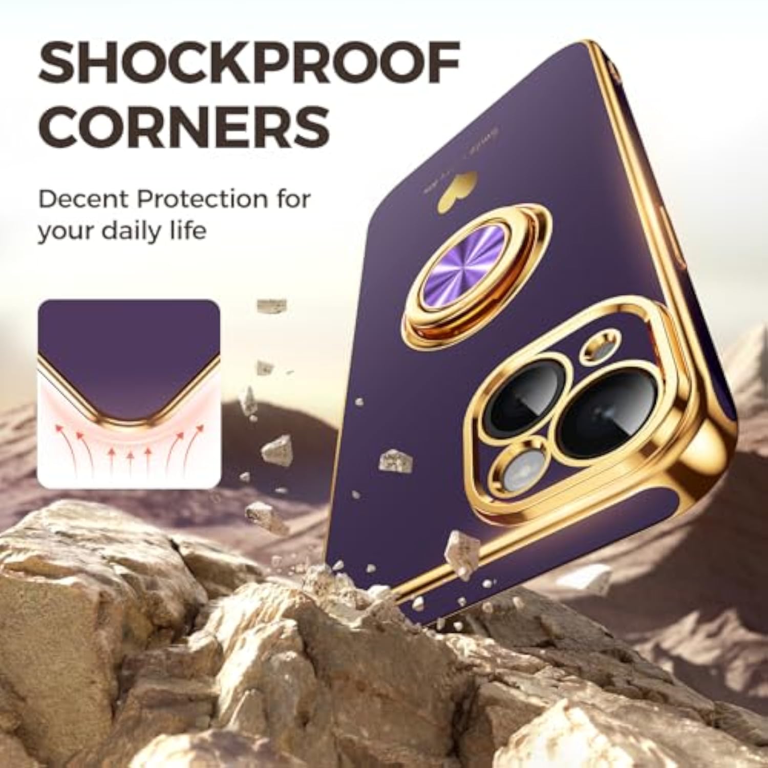 Luxury Gold Edge Slim Soft Phone Case for iPhone 15 - Purple, 2 Pack Screen Protector and 360° Rotatable Ring Holder with Hearts Pattern