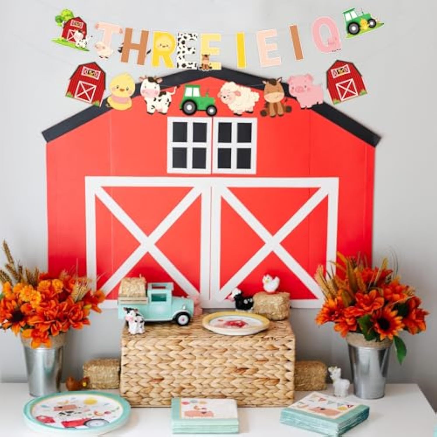 Farm 3Rd Birthday Decorations, Three I E I O Farm Animals Banner For Barnyard Birthday Party Supplies