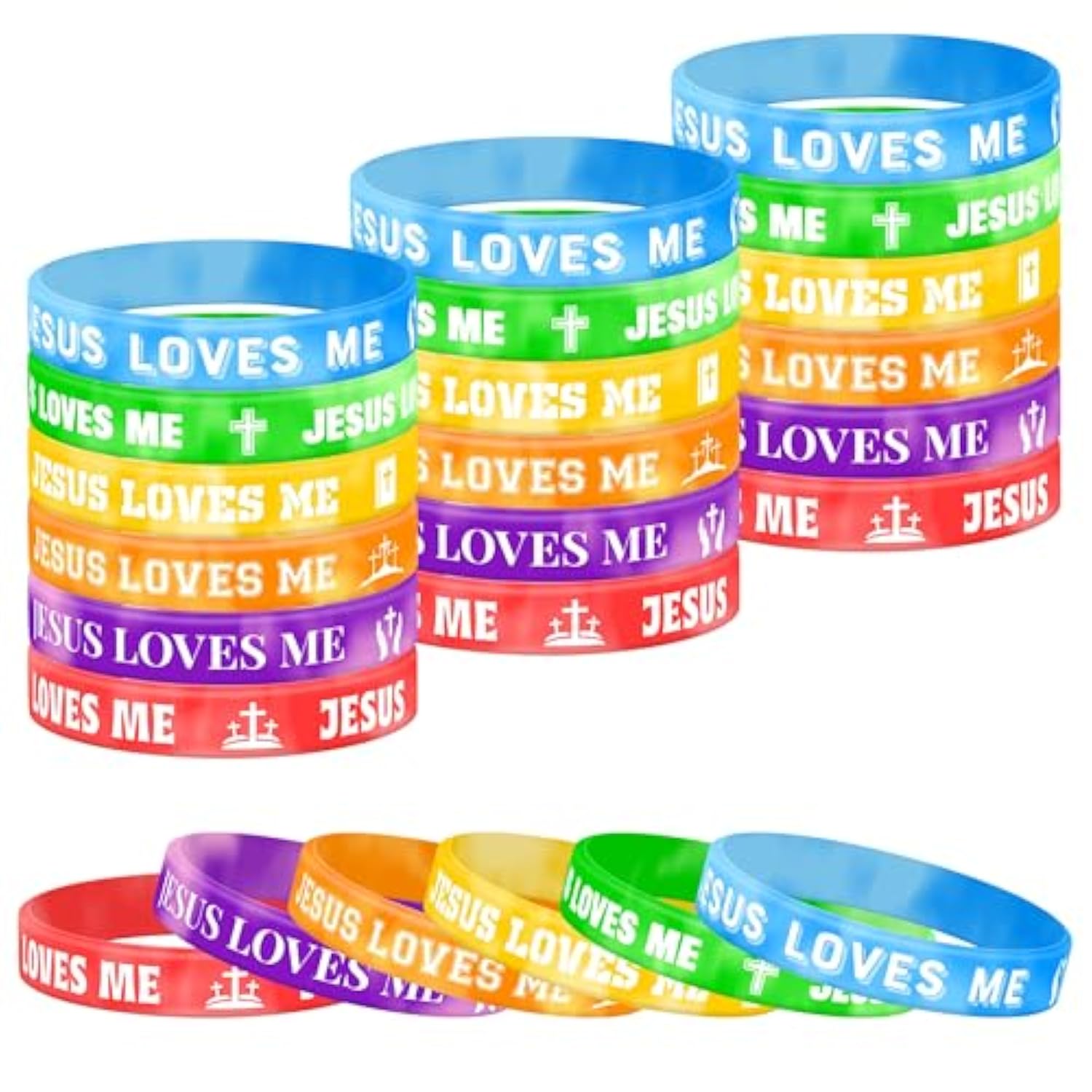 48 Pcs Jesus Loves Me Bracelets 6 Styles Colorful Religious Silicone Bracelets Christian Cross Rubber Wristbands For Men Women Kids Adults Motivational Bible School Church Group Party Favors