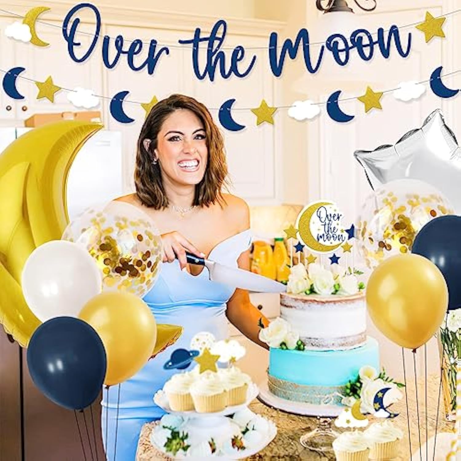 Over The Moon Baby Shower Decorations Space Party Banner Moon Star Cake Cupcake Toppers Navy Blue Gold Balloons For Twinkle Twinkle Little Star Outer Space First Birthday Supplies