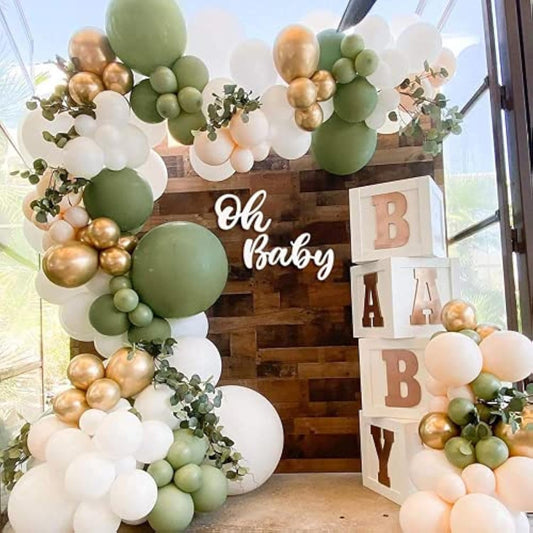 Sage Green Balloon Garland Arch Kit - 124Pcs Oh Baby Shower Balloon Garland, Retro Olive Green,Peach White And Gold Latex Balloons Arch Kit For Baby Shower,Jungle Birthday,Bridal Shower Decorations