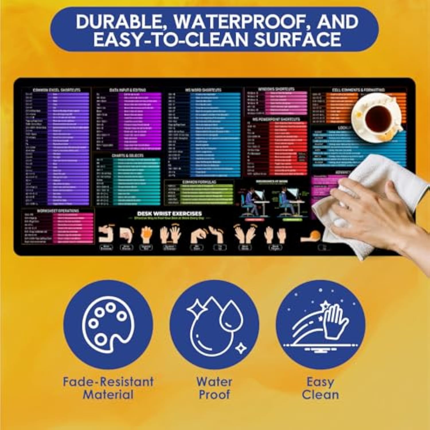 Excel Cheat Sheet Desk Pad, 27"X11.8", Waterproof Large Excel Shortcut Mat With Stitched Edges, Anti-Slip Excel Mouse Pad For Office Desk, Ms Excel/Word/Powerpoint & Windows Shortcuts