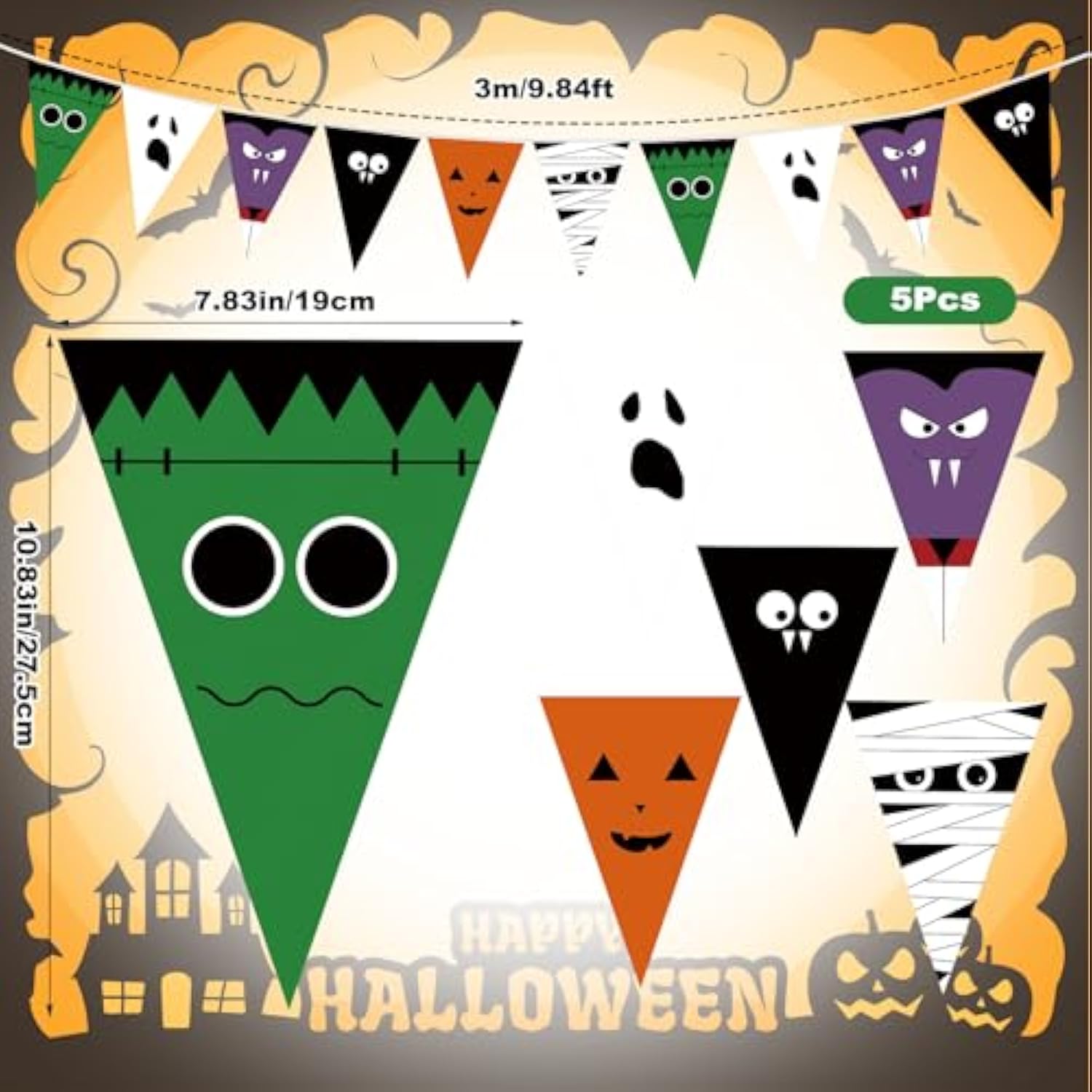 Happy Halloween Banner 5pcs 49ft Pumpkin Ghost Flags Garland for Indoor Outdoor Party Decor