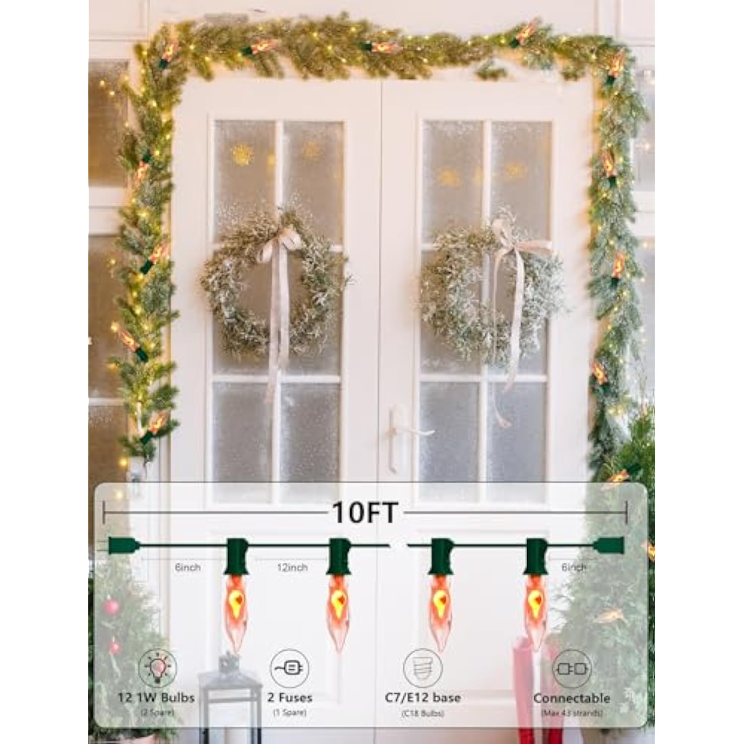10Ft Flickering Flame String Lights With 10 C18 Flicker Amber Flame Lights Bulbs, E12 Candlestick Base Christmas String