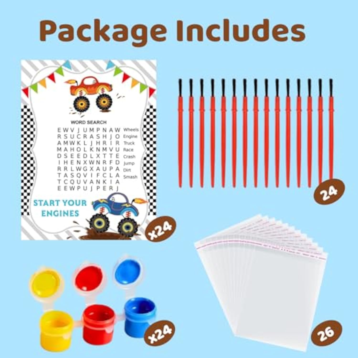 Monster Truck Party Favors - 24 Pcs Truck Car Birthday Party Supplies - Car Cards & Paint Crafts - Monster Trucks Birthday Decorations Goodie Bags Gifts Prizes For Kids Boys Toddler