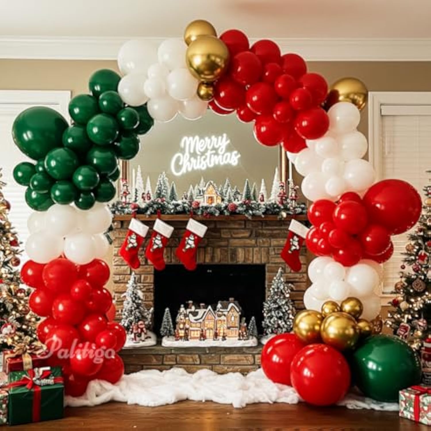 Christmas Balloon Arch Kit – 140Pcs Double Stuffed Green Red White & Gold Balloons Garland, Merry Christmas Balloons Arch Decorations For Holiday Party Backdrop &Merry Xmas Balloons Décor Supplies