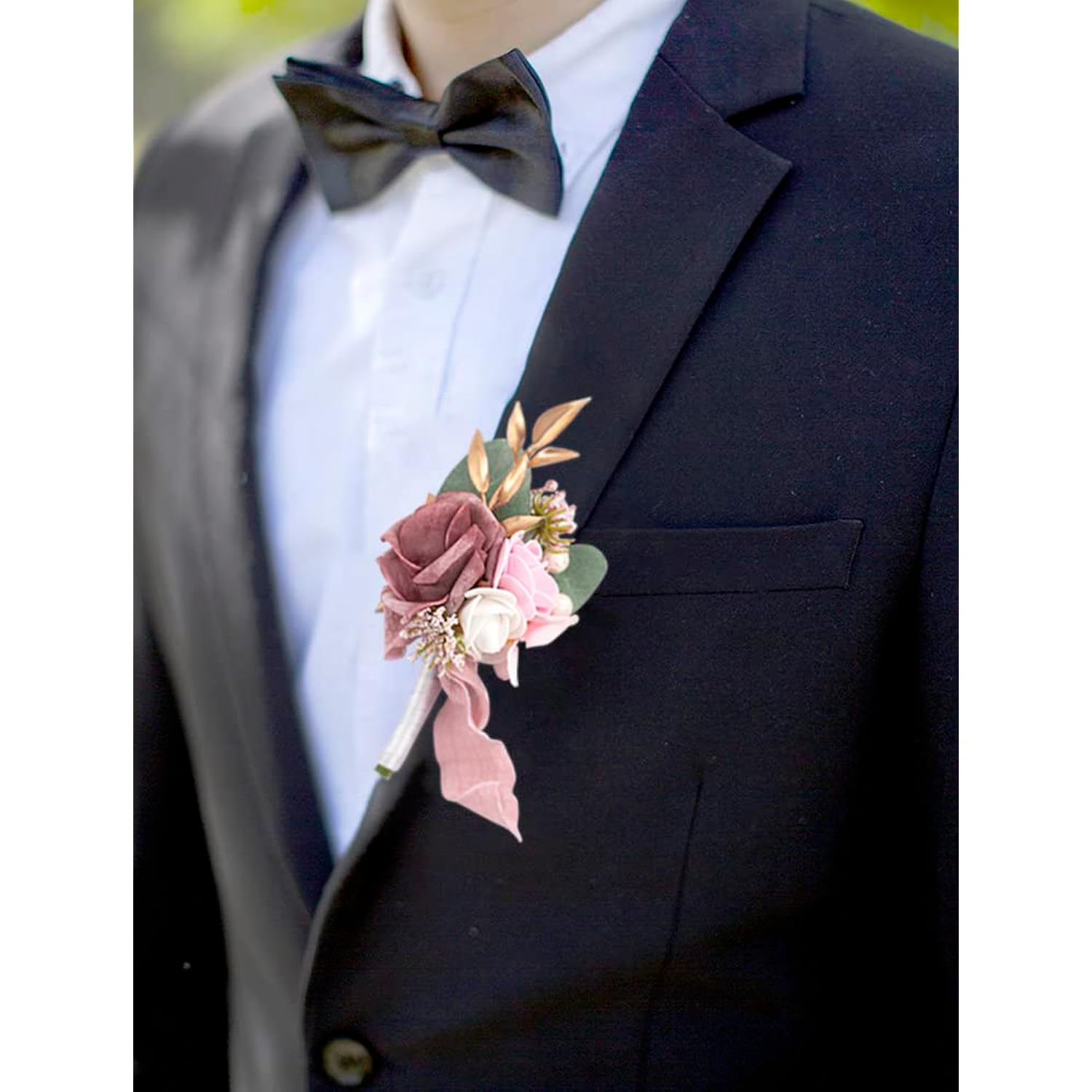 Dusty Rose Wrist Corsage And Boutonniere Set Artificial Light Pink White Rose Flower Wristlet Band Bracelet And Men Boutonniere Set For Wedding Prom Homecoming Party Decor (2Pcs)