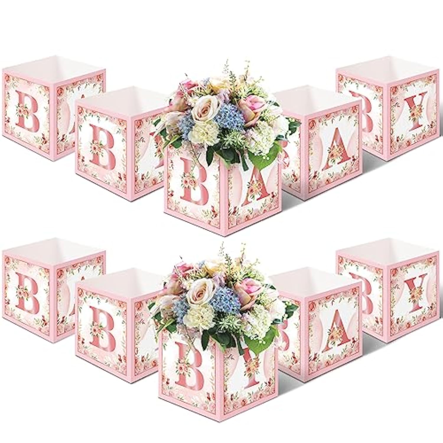 10 Piece 7X 7X 7 Inch Baby Shower Centerpiece Boxes Baby Shower Party Decorations Table Display With Letters Gender Reveal Party Favor Block Holder(Floral Style)
