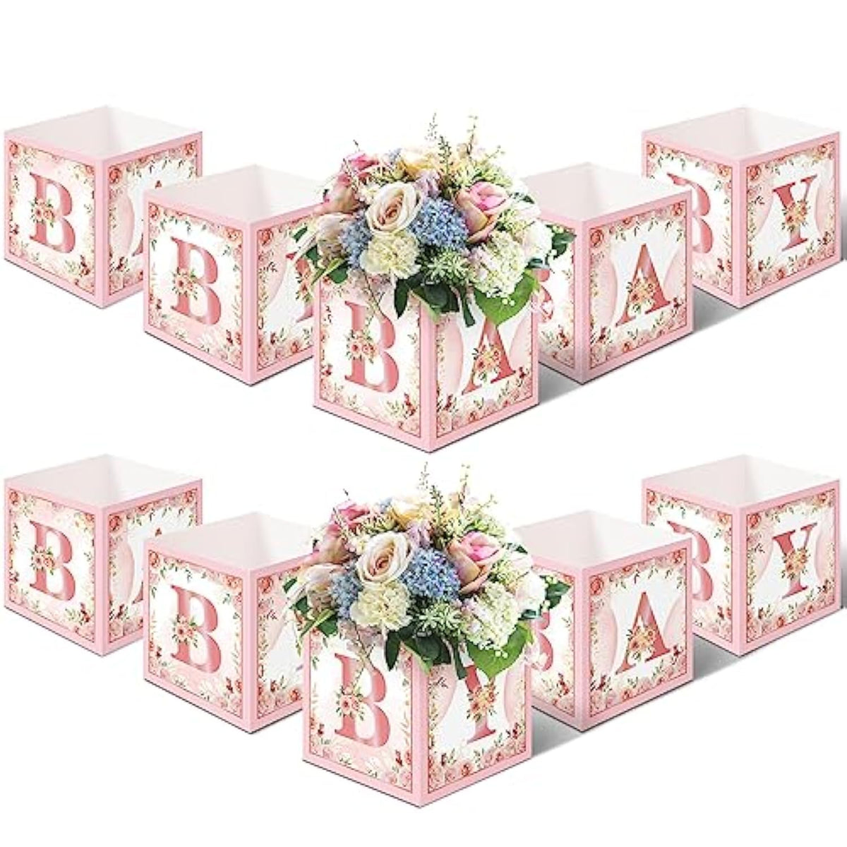 10 Piece 7X 7X 7 Inch Baby Shower Centerpiece Boxes Baby Shower Party Decorations Table Display With Letters Gender Reveal Party Favor Block Holder(Floral Style)