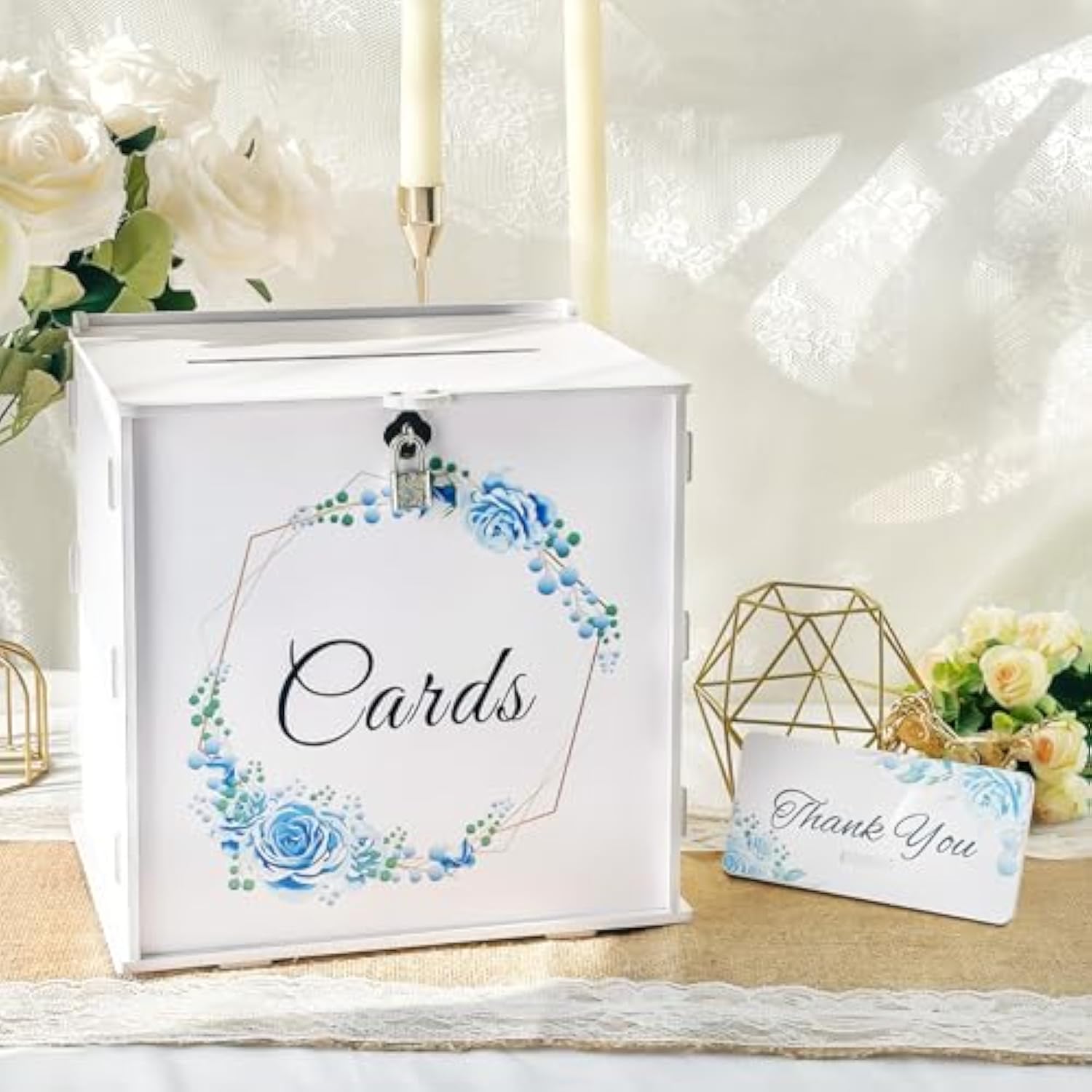 White Wedding Card Box With Lock, Pvc Gift Card Box With Blue Wreath, Wedding Decorations For Reception Envelop Money Gift Boxes For Graduation Birthday Bridal Baby Shower Decor