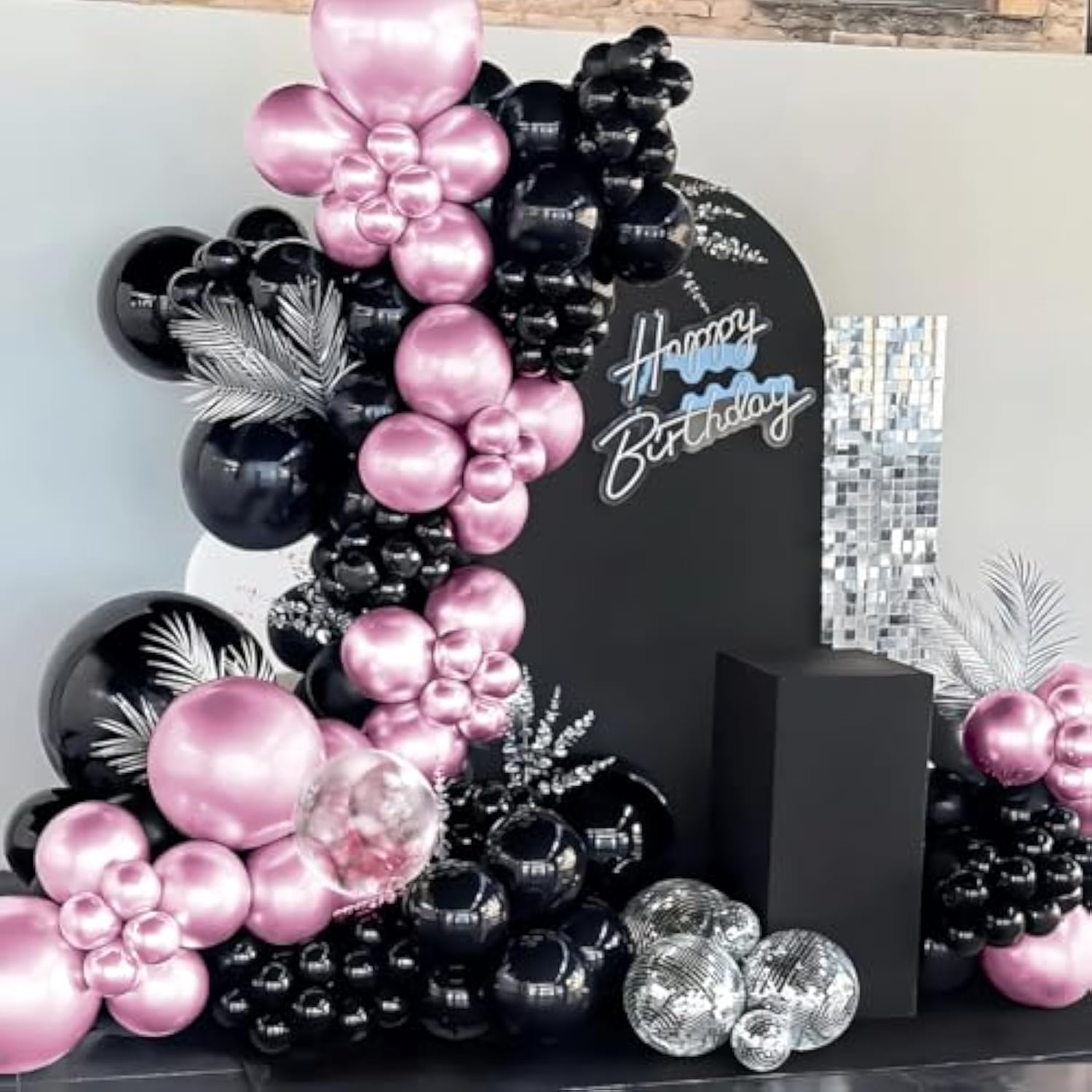 Metallic Pink Black Balloons Arch Kit, 151Pcs Black Chrome Pink And Bobo Balloons Garland 18 12 10 5 Inch For Birthday Wedding Bachelorette Anniversary Halloween Christmas Party Decorations
