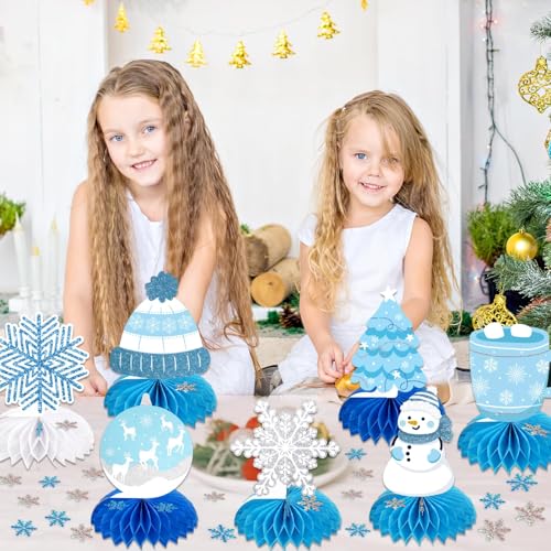 Frozen Winter Wonderland Party Decorations - 12 Pack Winter Themed Snowflake Honeycomb Table Centerpieces and 600pcs Snowflake Confetti for Christmas Holiday Winter Birthday Baby Shower Party Supplies