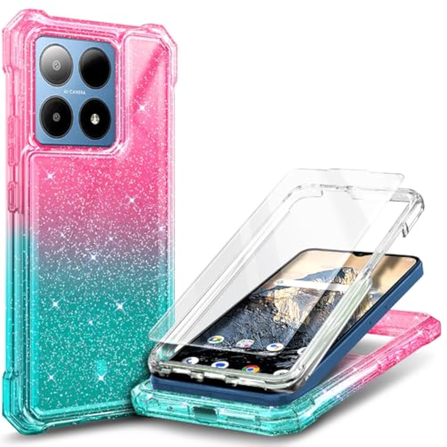 Boost Summit 5G Case with Tempered Glass Full-Body Shockproof Cover Pink/Aqua