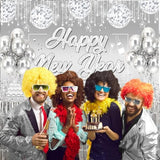 Silver Happy New Year 2026 Glitter Banner Firework Backdrop Party Decor