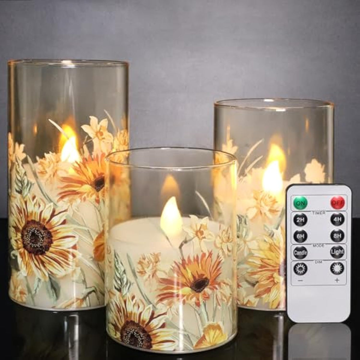 Autumn Sunflower Flameless Candles Remote Real Wax Flickering Battery Operated Glass Candles - Home Party Bedroom Birthday Christmas Summer Fall Decorations