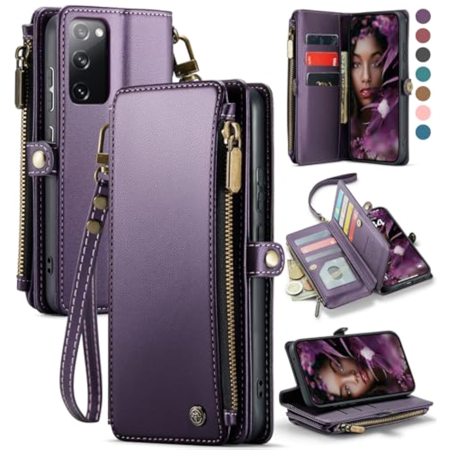 Compatible With Samsung Galaxy S20 Fe 5G Case Wallet With Rfid Blocking Card Holder For Women Men, Pu Leather Magnetic Snap Flip Zipper Strap Wallet Phone Case Fit For Galaxy S20 Fe, Purple