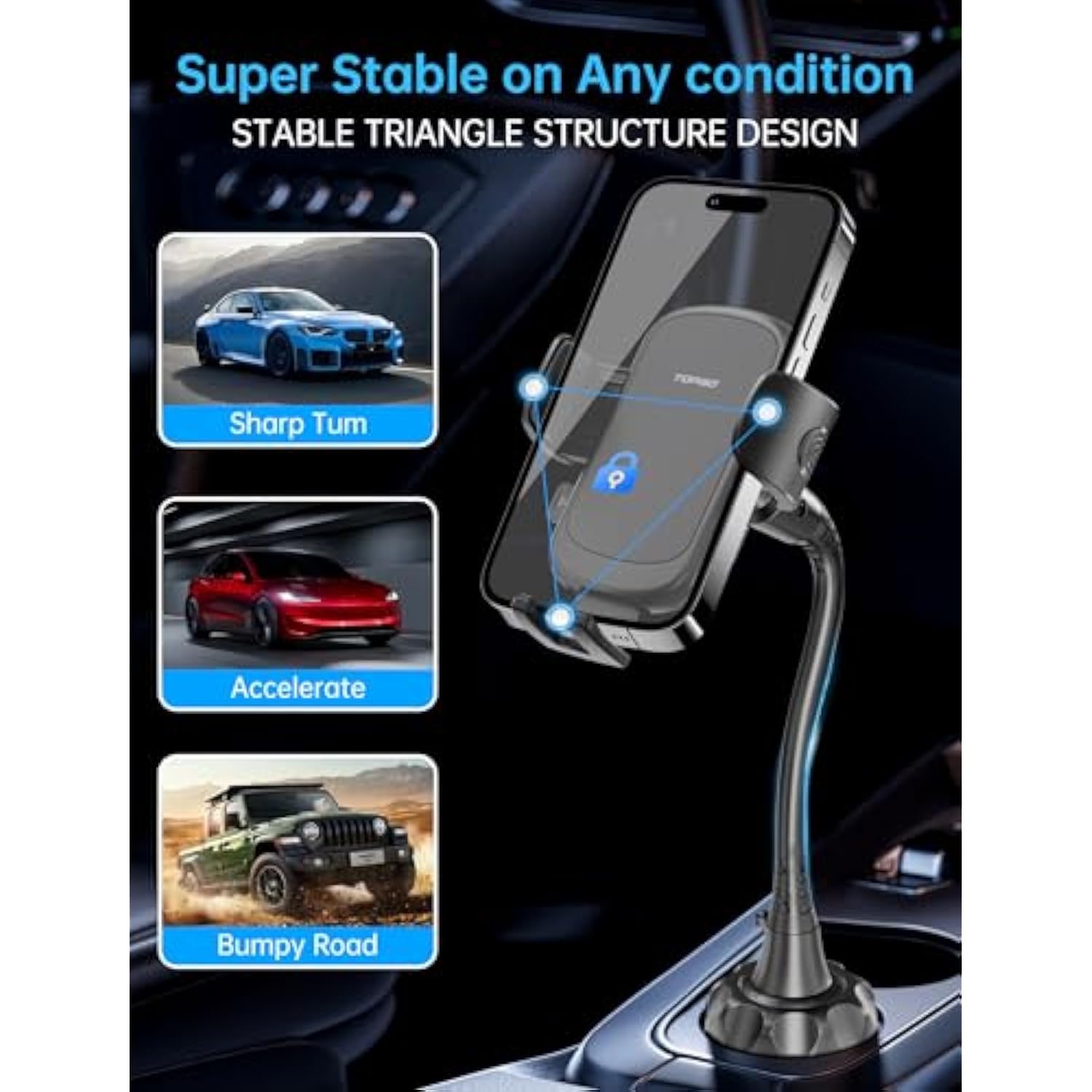 Cup Phone Holder For Car [Upgraded Adjustable Gooseneck & Firmly Stable] Car Phone Mount Cell Phone Automobile Cradles For Iphone 16 And All 4-7 Inches Smartphone(Black)