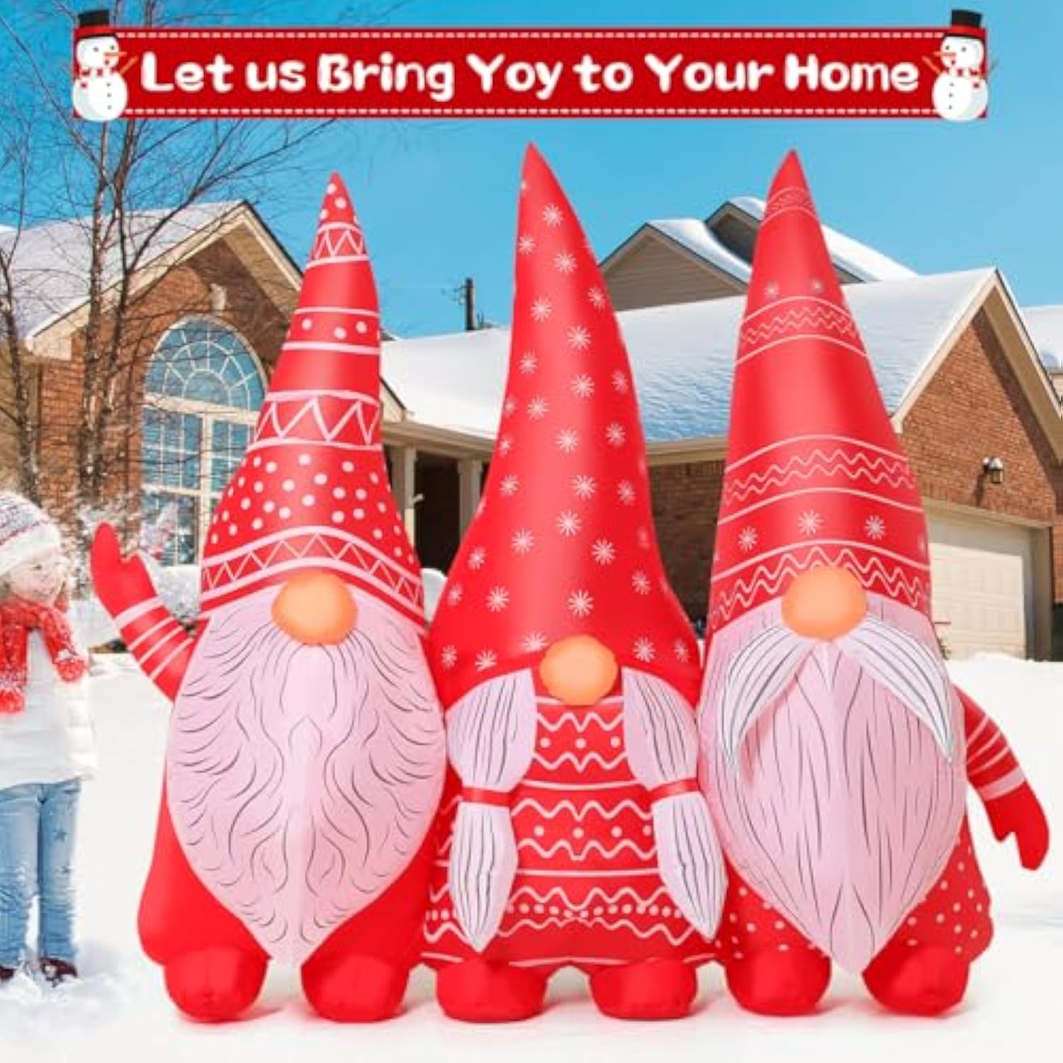 6.8 Ft Width Christmas Inflatable Gnomes Outdoor Decoration Blow Up Yard Three Xmas Midgets Holding Hands With Built-In