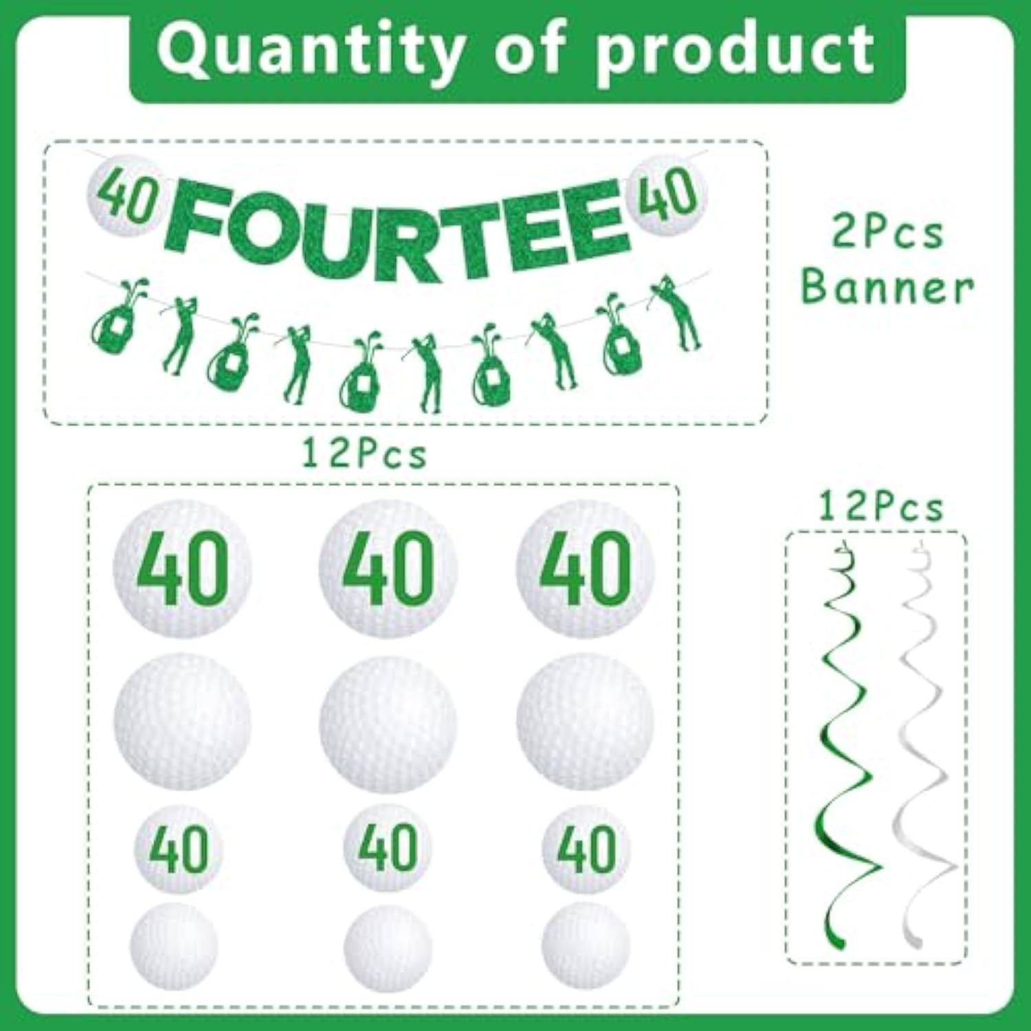 40Th Birthday Party Decorations, 14Pcs Golf Birthday Banner Hanging Swirls Decoration Women Men, Glitter Fourtee Theme Bday Party Decor Supplies