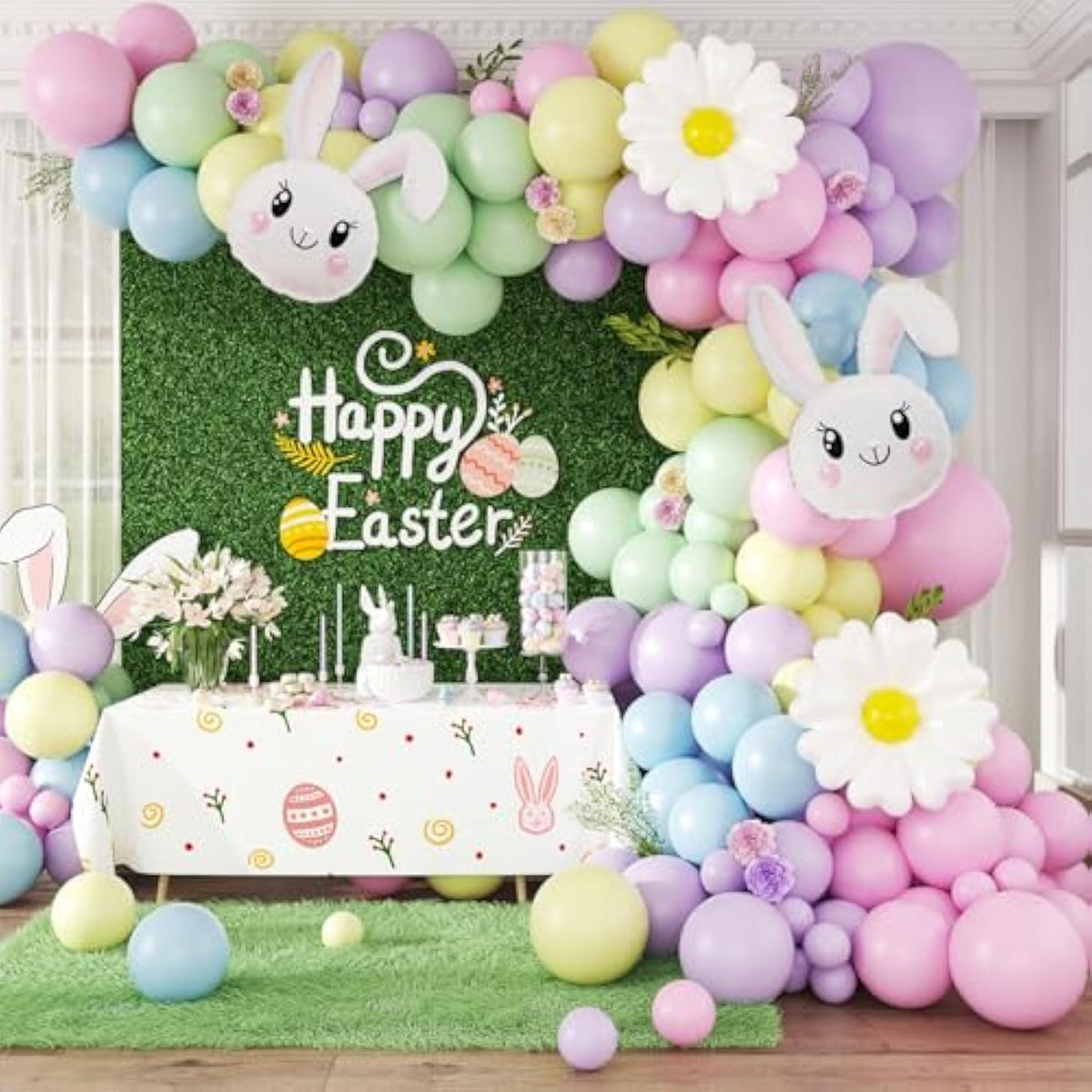 Easter Balloon Arch Garland Kit With Pastel Yellow Purple Green Blue Pink Rabbit Flower Balloons For Baby Shower Birthday Party Decorations