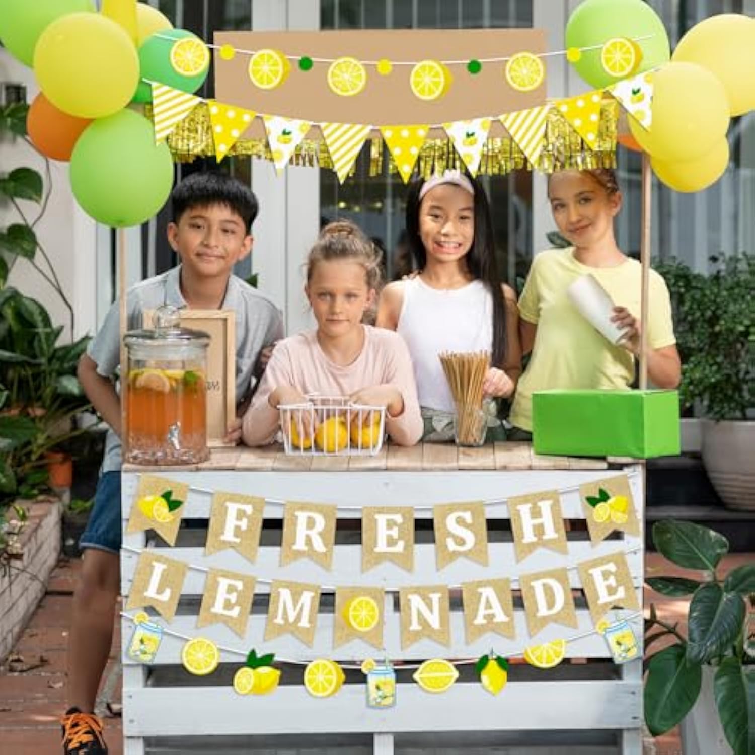 5 Pcs Lemonade Stand Decorations Lemon Sign Banner & Citrus Garland Set