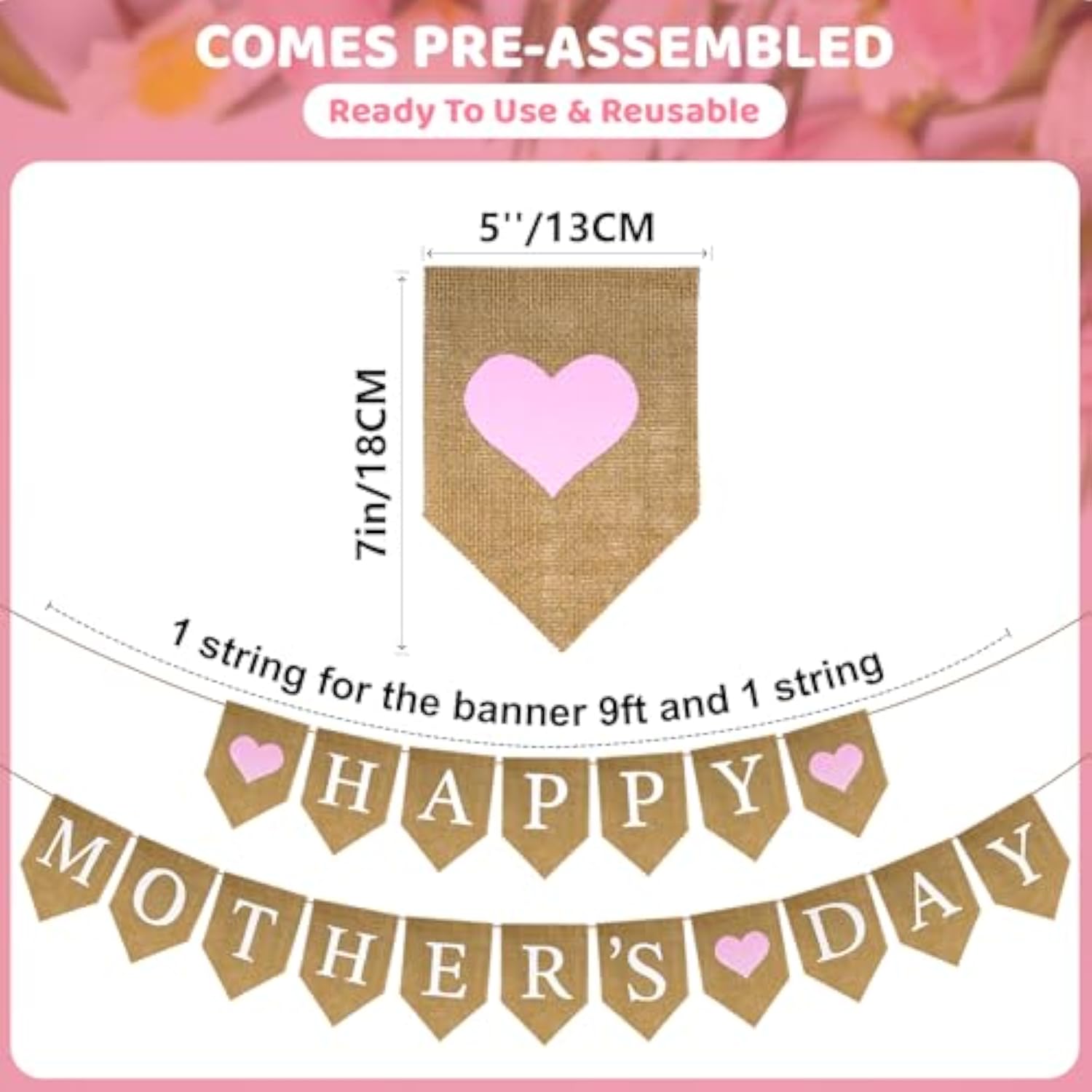 Mother'S Day Burlap Banner, Pre-Strung Happy Mother'S Day Banner With Pink Heart, Rustic Mothers Party Decoration Banners, Mothers Day Surprise Decoration For Window, Fireplace, Table