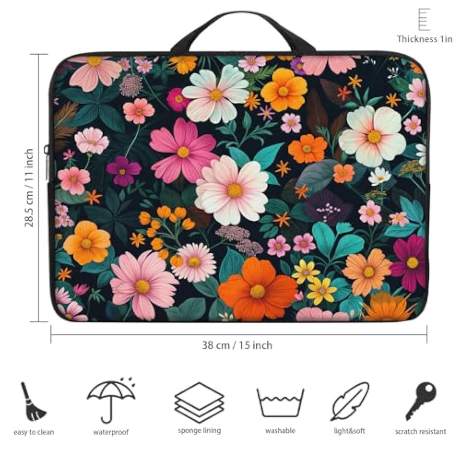 Laptop Sleeve Bag With Handle Computer Protective Soft Cover Case For 14 Inch 13 Inch Laptop,Colored Daisies