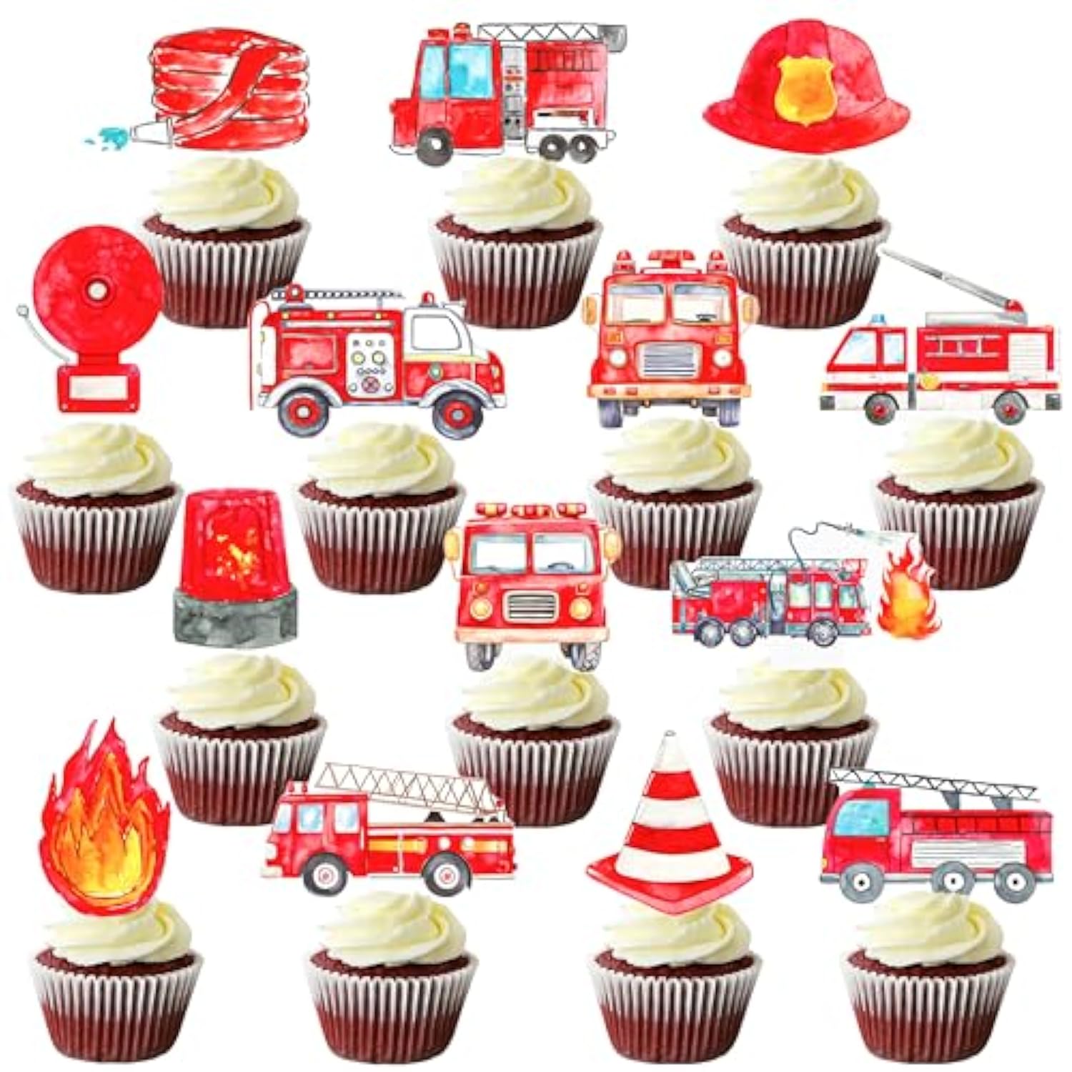 48Pcs Firefighter Theme Cupcake Toppers Fire Truck And Emergency Equipment Design Cupcake Toppers For Firetruck Firefighter Theme Birthday Party Fireman Baby Shower Supplies