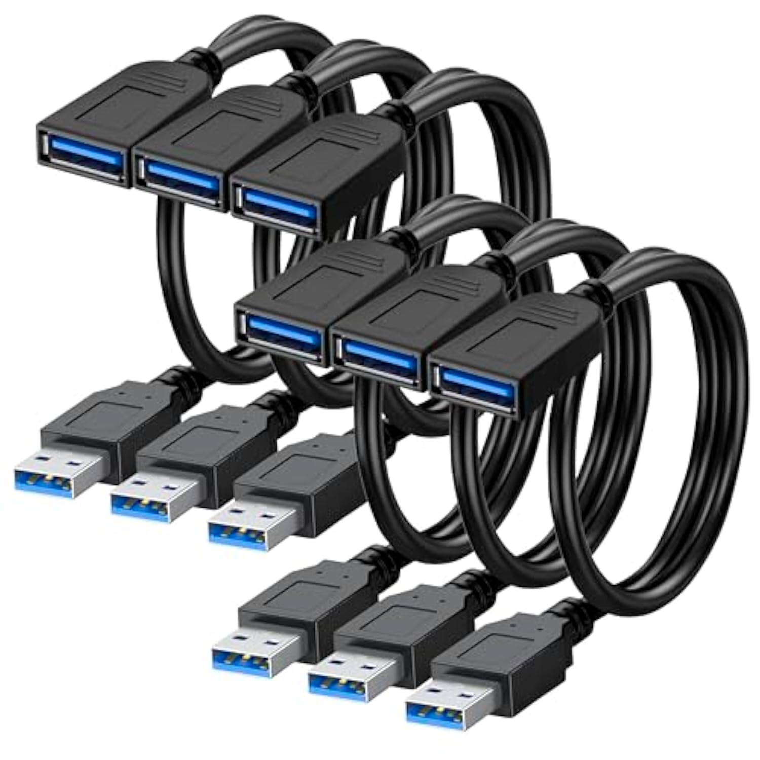 SaiTech IT 6 Pack Short Length 1 Feet USB 3.0 Extension Cable, USB 3.0 A Male to Female Extender Cable Bulk USB Extension Cable - Black
