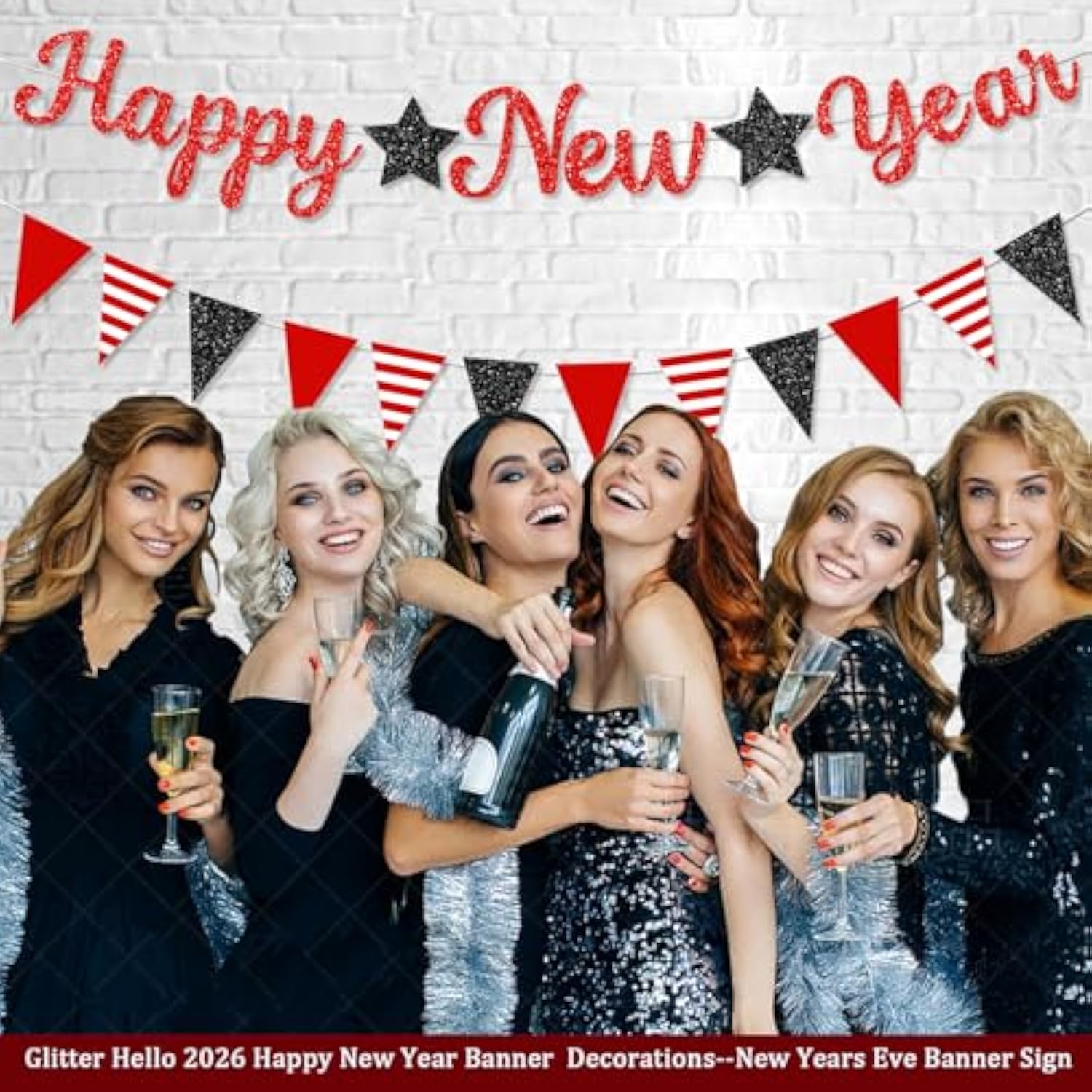 Pre-Strung Glitter Happy New Year 2026 Banner Red Party Decor