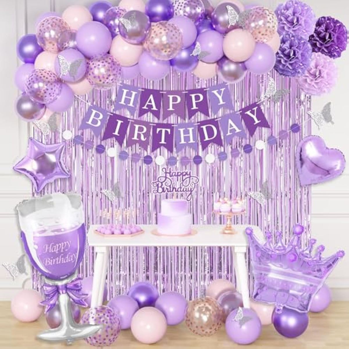 Lavender & Pink Birthday Decor Set Balloons, Banner, Curtain & Cake Topper