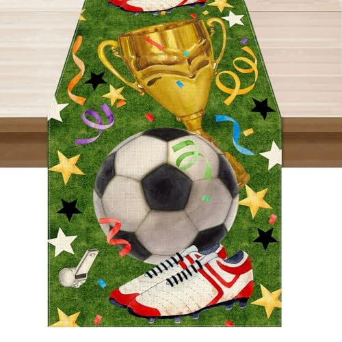 Soccer Theme Grass Trophy Sneakers Table Runner Game Day Table Decoration for Soccer Party Home Kitchen Dining Holiday Decor 13x72 Inch