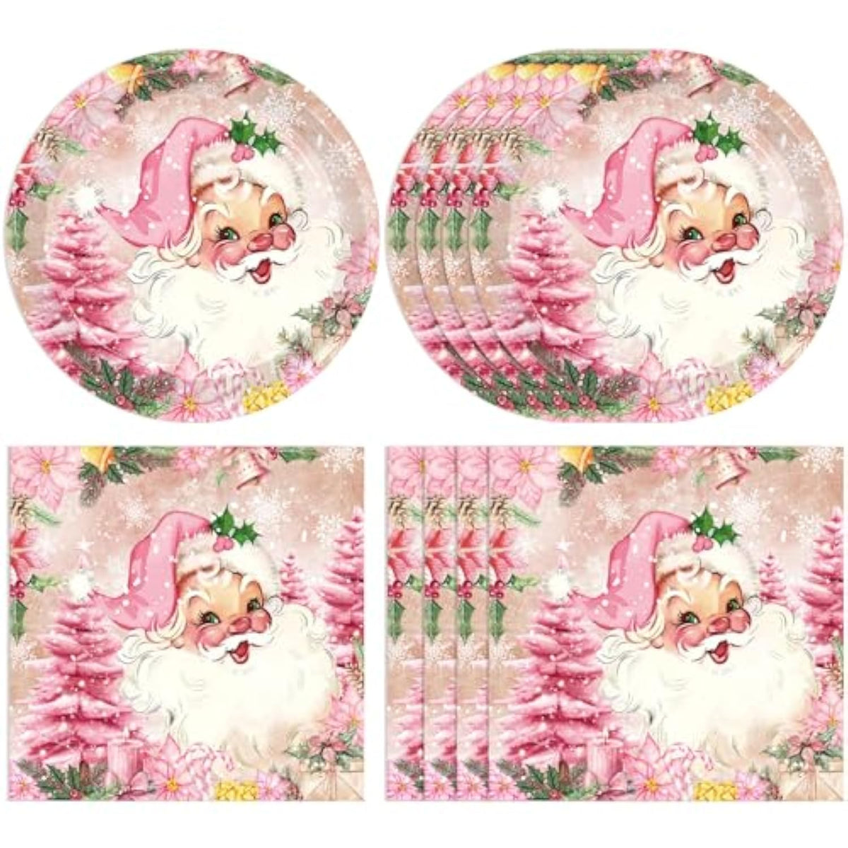 40 Pcs Merry Christmas Plates And Napkins Sets Cute Winter Christmas Round Disposable Tableware Pink Chrismas Paper Plates And Napkins For Holiday Xmas Theme Party Supplies Table Decor, Serves 20