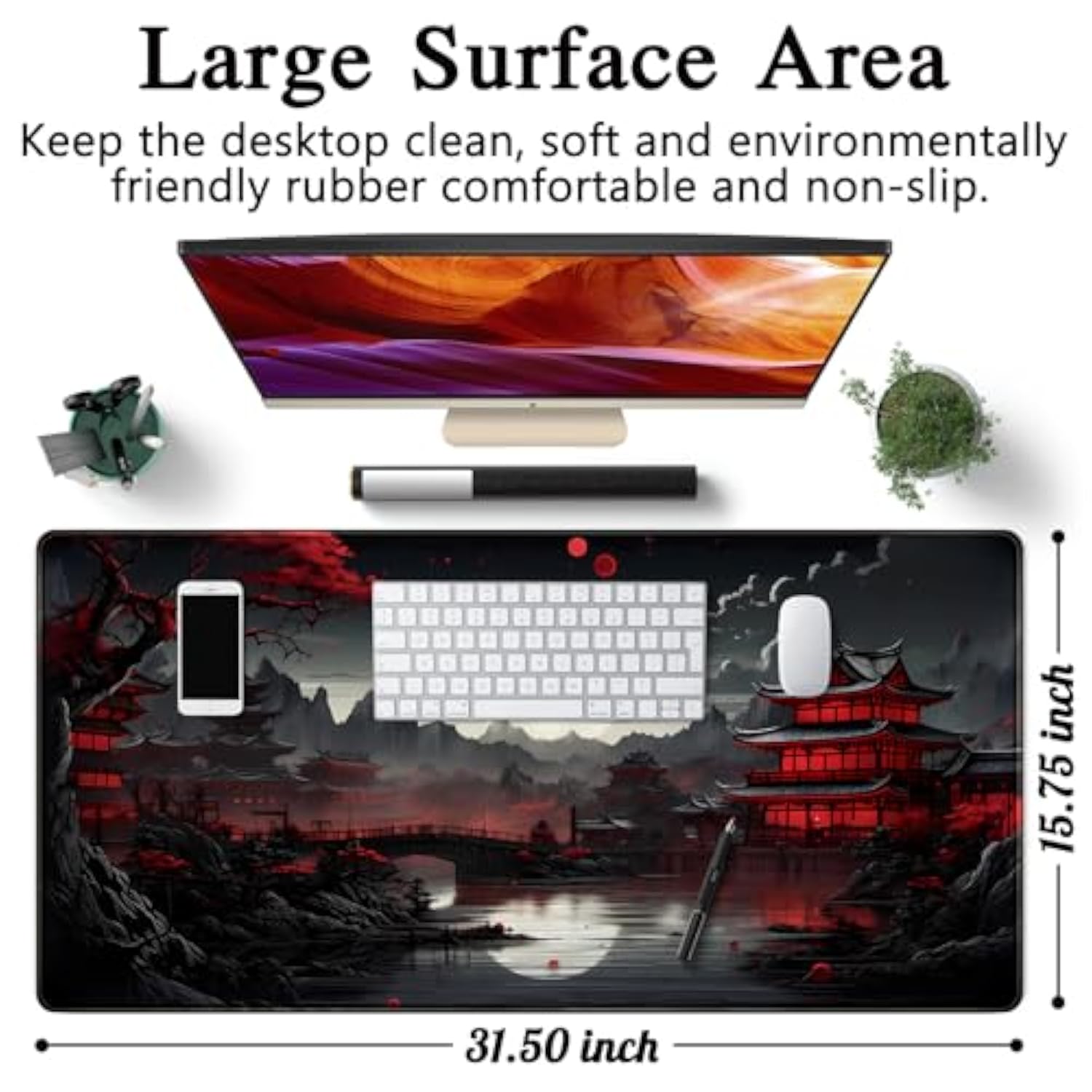 Japanese Desk Mat Riverside Full Moon Desk Pad Black Red Large Mouse Pad Gaming Mousepad Extended Xxl Keyboard Pad 31.5 X 15.7 In Laptop Computer Mouse Keyboard Mat For Office Desk Decor