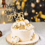 Happy New Year 2026 Cake Topper Black Gold Glitter Party Decor