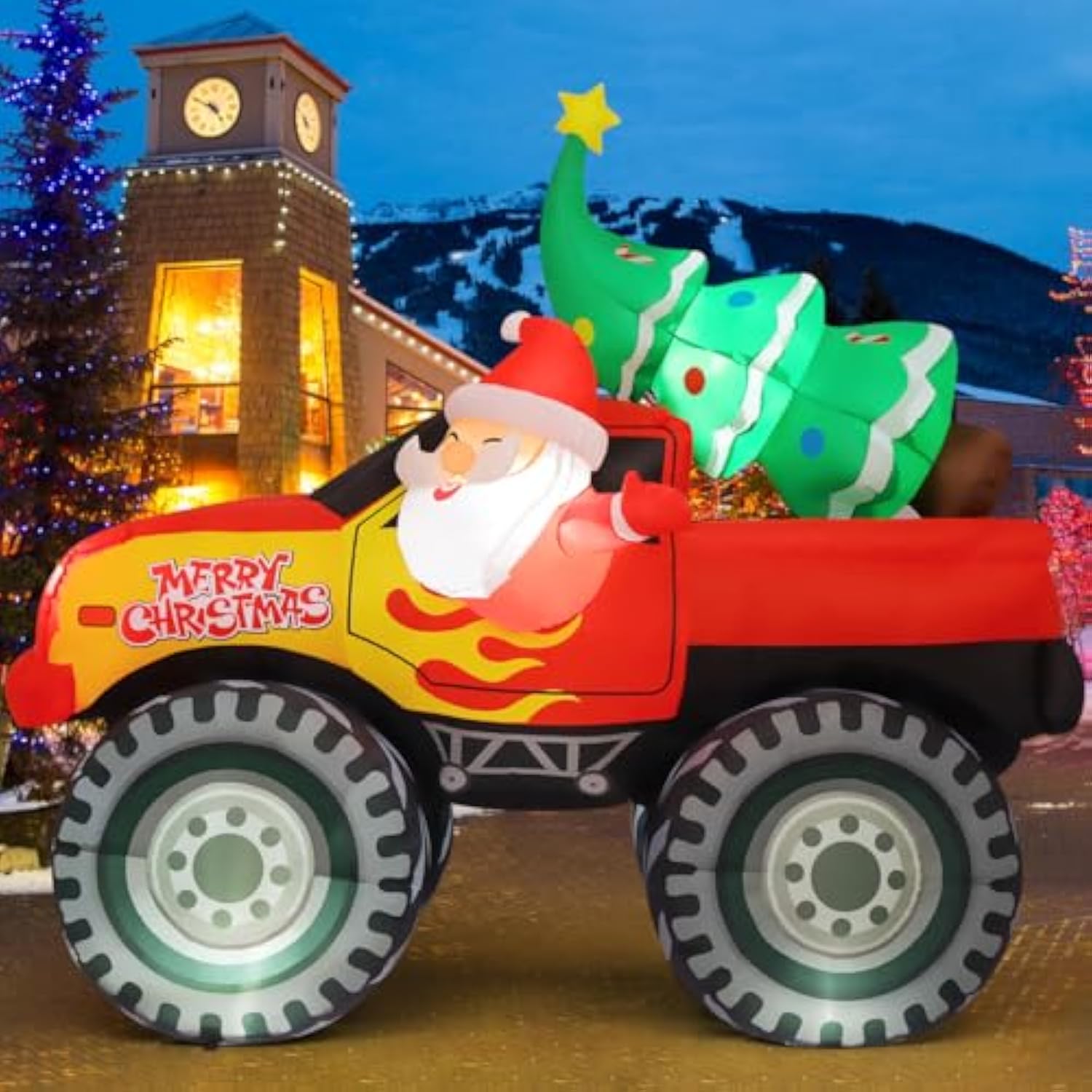 7.2 Ft Long Christmas Inflatables Truck Outdoor Decorations Santa Claus Blow Up With Xmas Tree With Built-In Leds For Pa