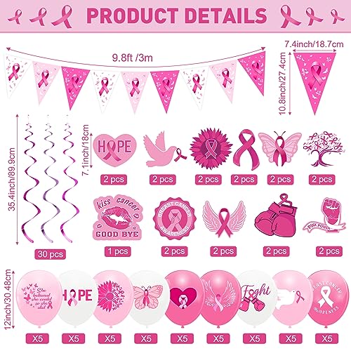 101 Pcs Breast Cancer Awareness Decoration Pink Ribbon Hanging Swirl