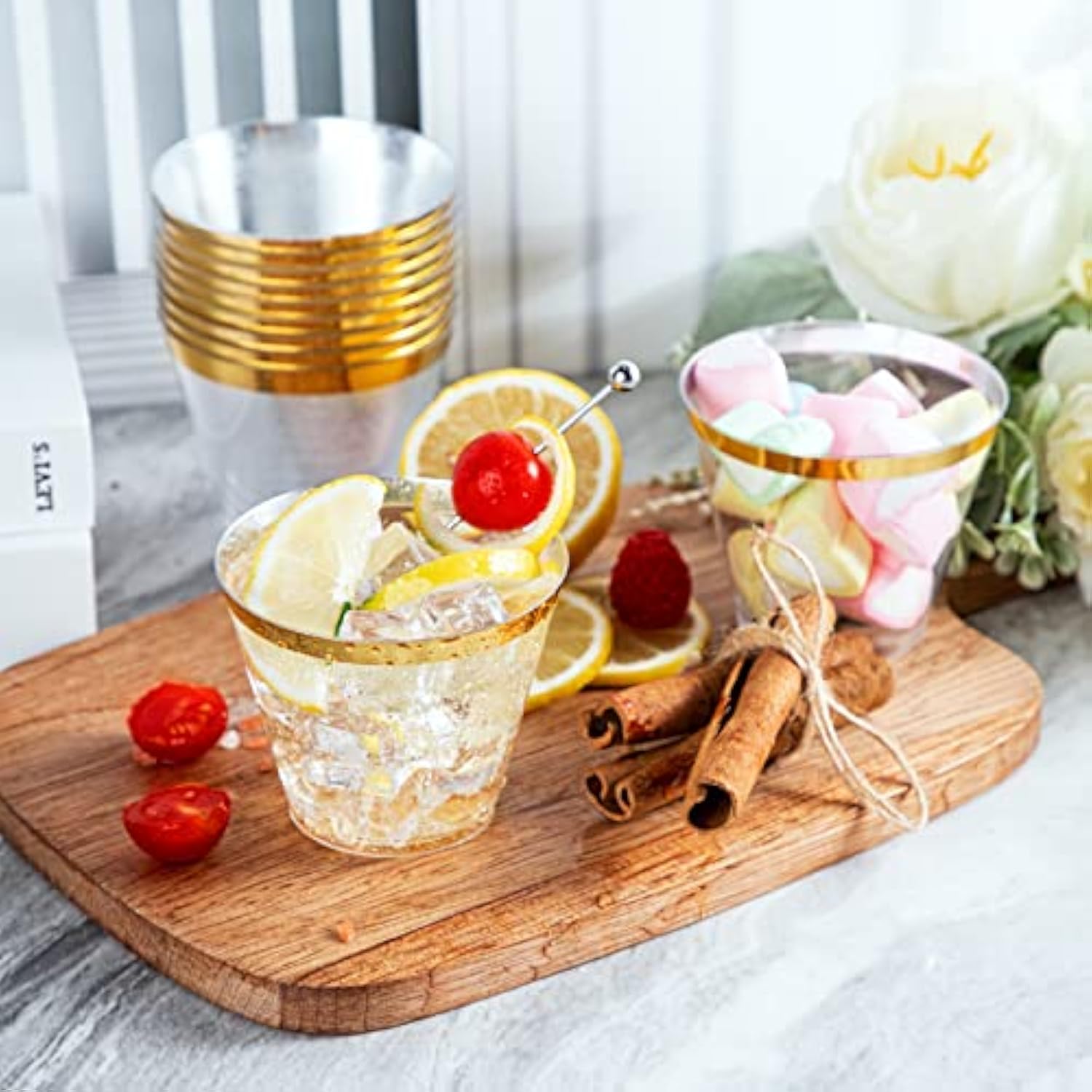 300 Pc Gold Rimmed 9 Oz Heavy Duty Disposable Plastic Cups for Party/Wedding